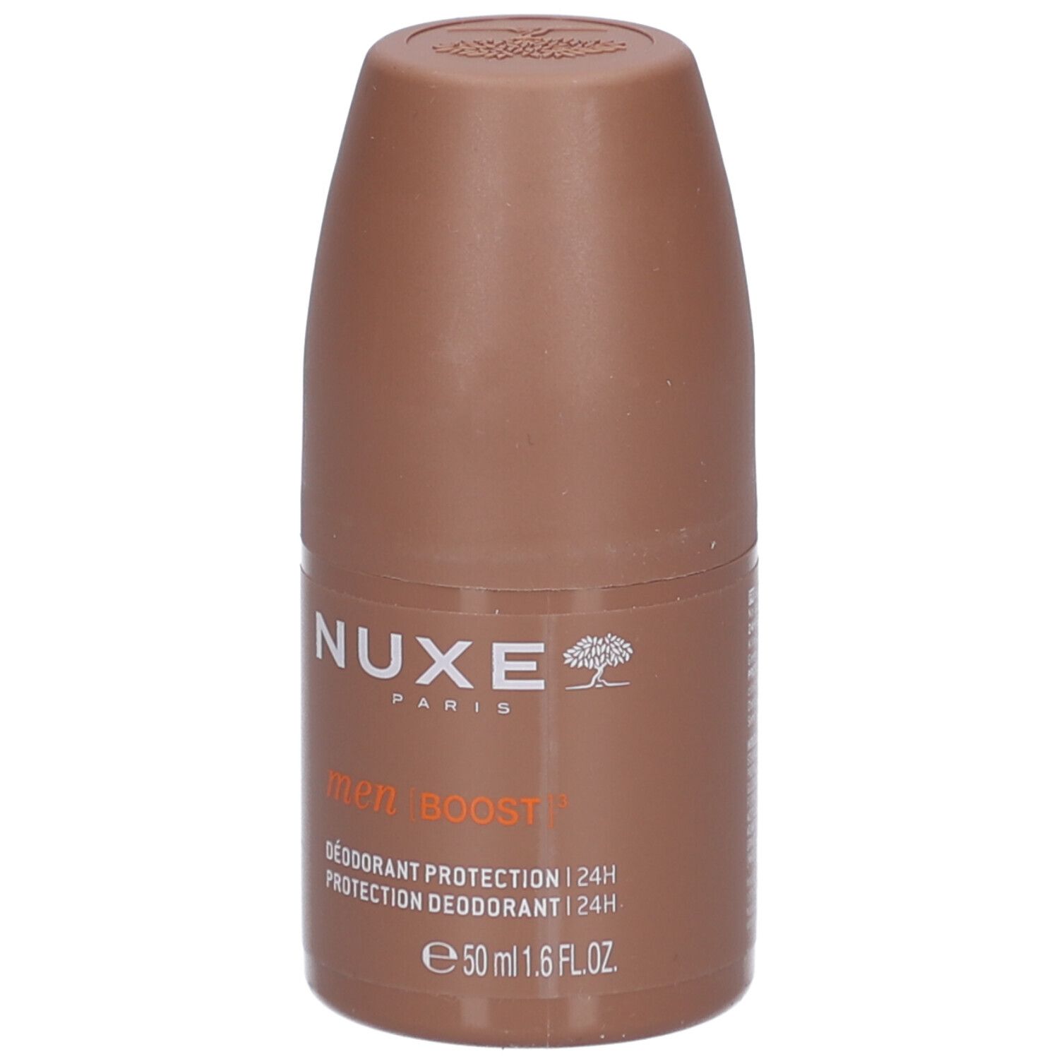 Deodorante roll-on marrone. Scritta: NUXE, men BOOST, protezione 24H. 50 ml.