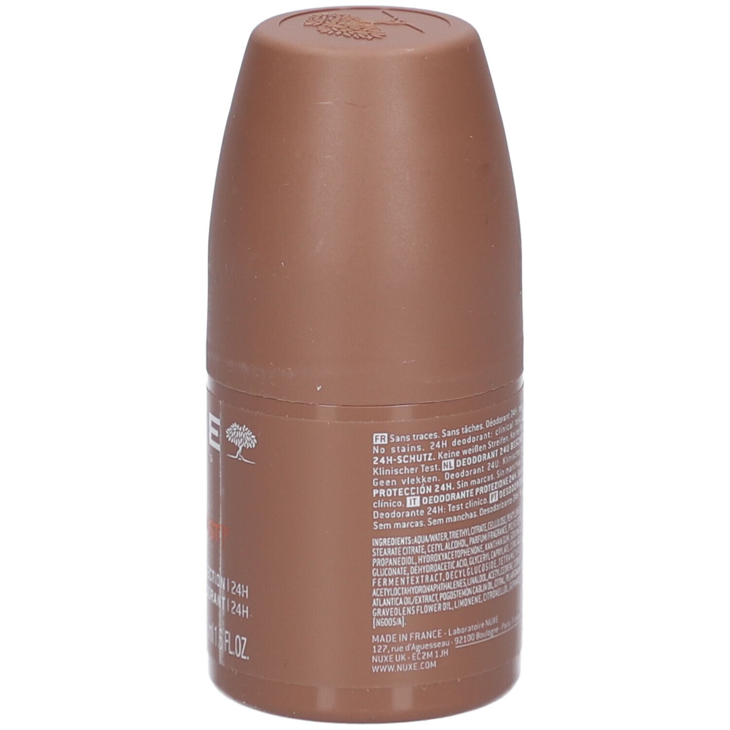 Deodorante roll-on marrone. Testo sul retro, ingredienti.