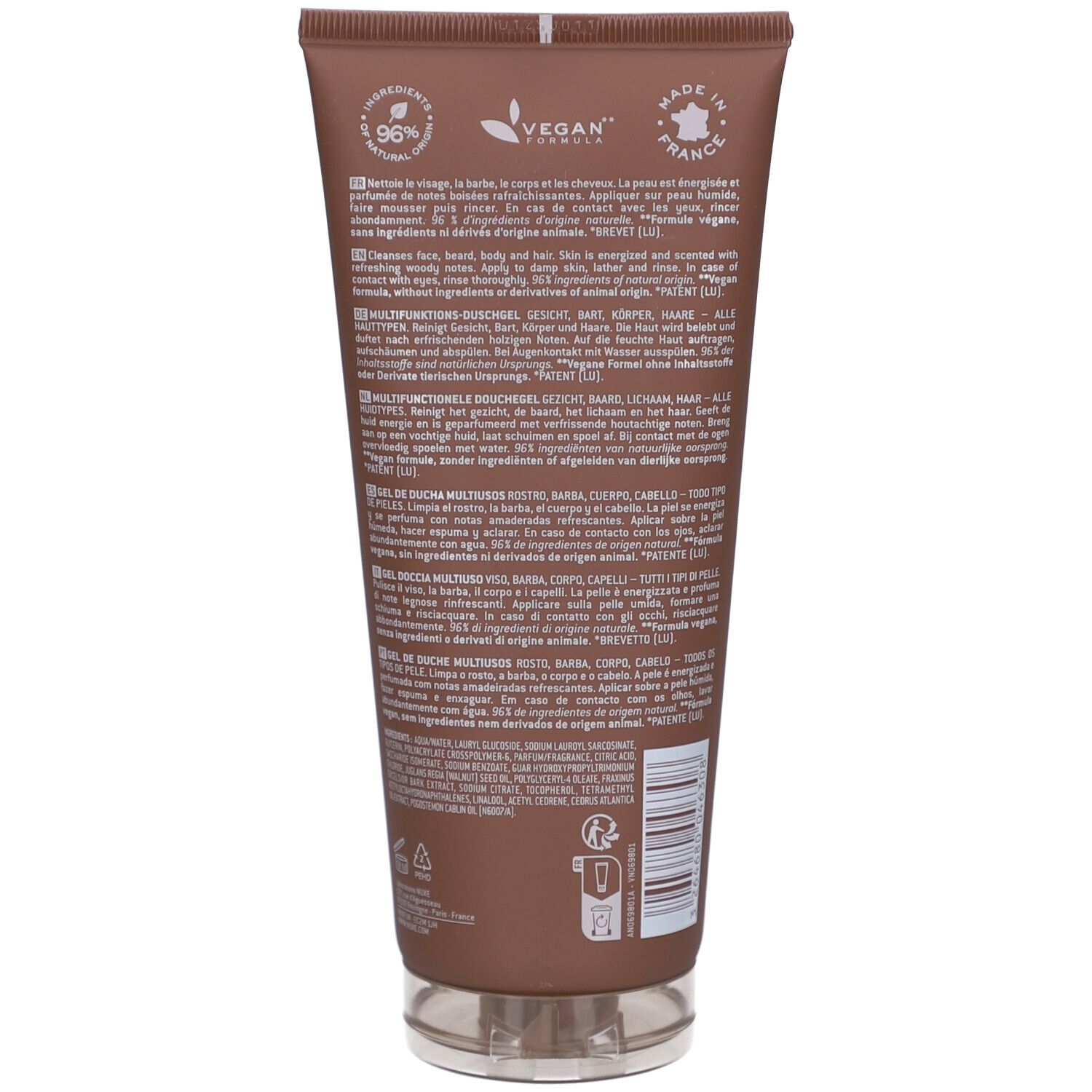 Retro del tubo Nuxe Men Boost con ingredienti e sigilli come Vegan.