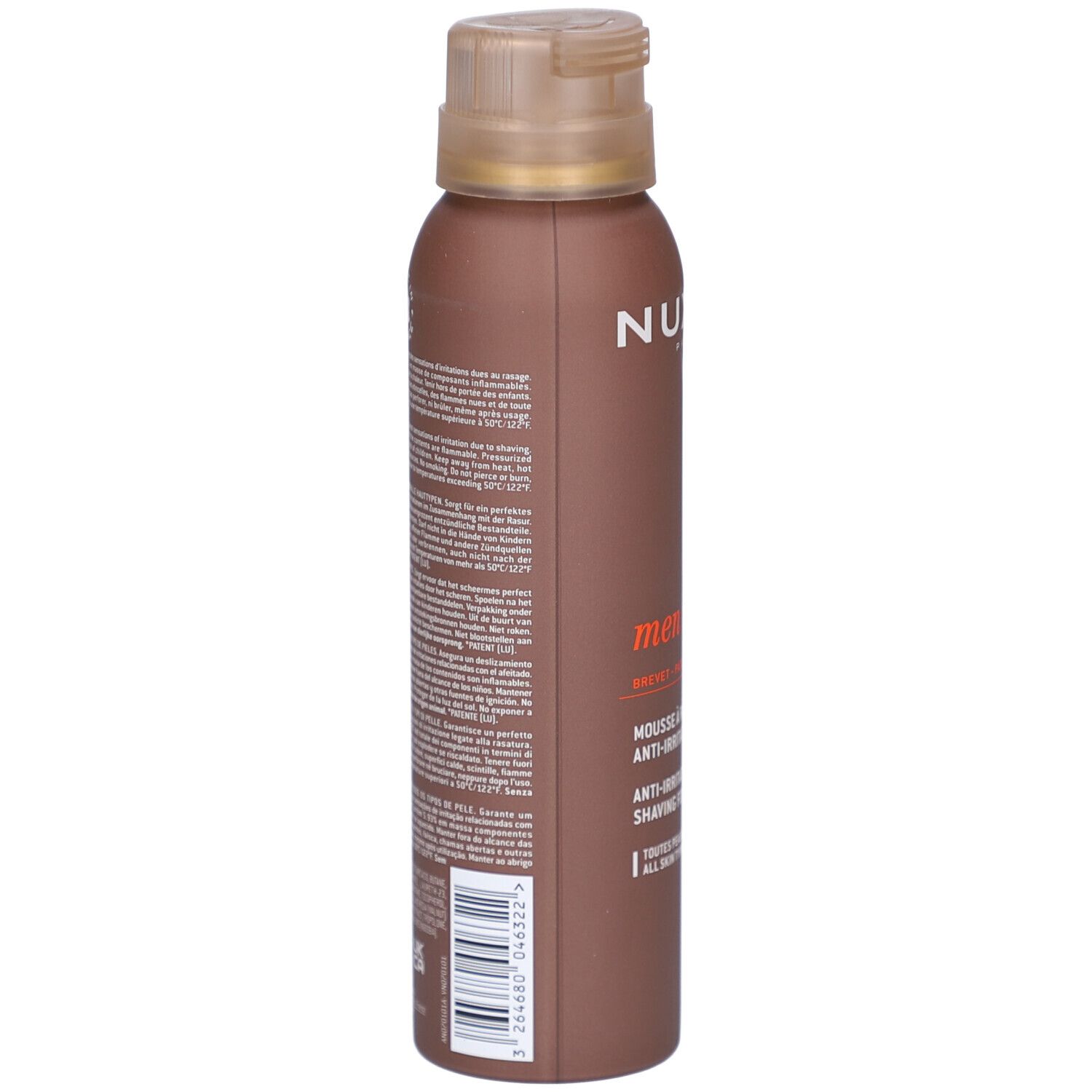 Flacone marrone con testo. Scritta: NUXE, men [BOOST], Mousse à raser, Anti-Irritations, 150 ml. Retro con testo.