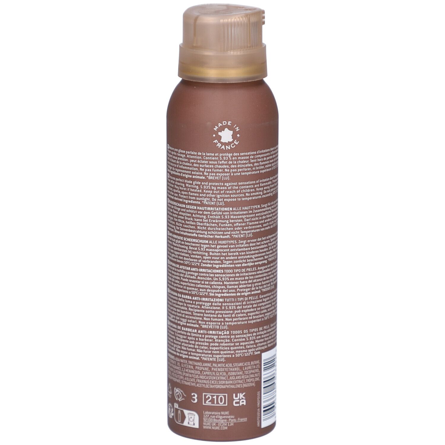 Flacone marrone con testo. Scritta: NUXE, men [BOOST], Mousse à raser, Anti-Irritations, 150 ml. Retro con testo e logo.