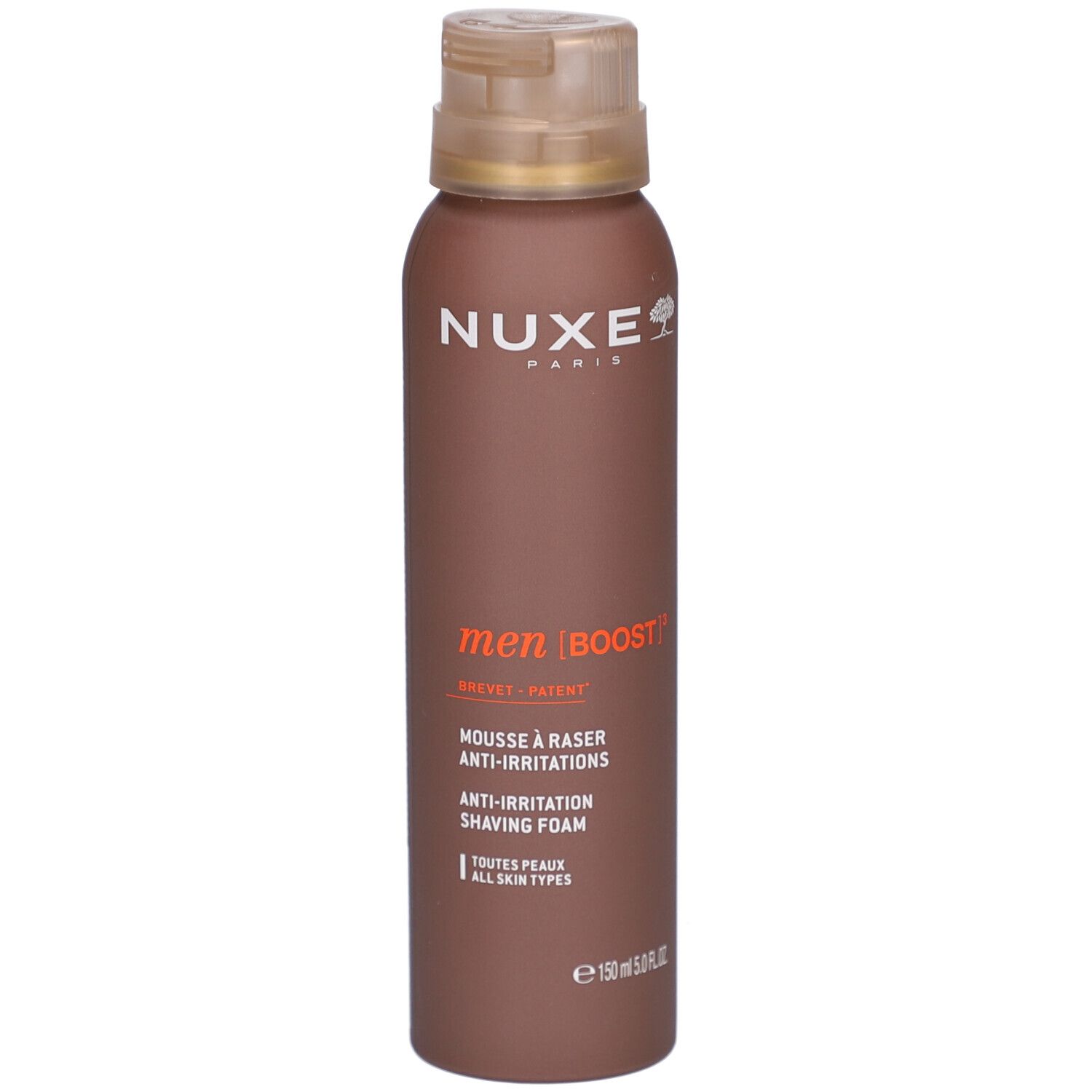 Flacone marrone con erogatore spray. Scritta: NUXE, men [BOOST], Mousse à raser, Anti-Irritations, 150 ml.