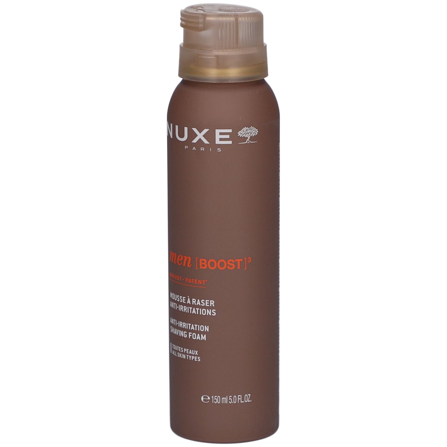 Flacone marrone con erogatore spray. Scritta: NUXE, men [BOOST], Mousse à raser, Anti-Irritations, 150 ml.