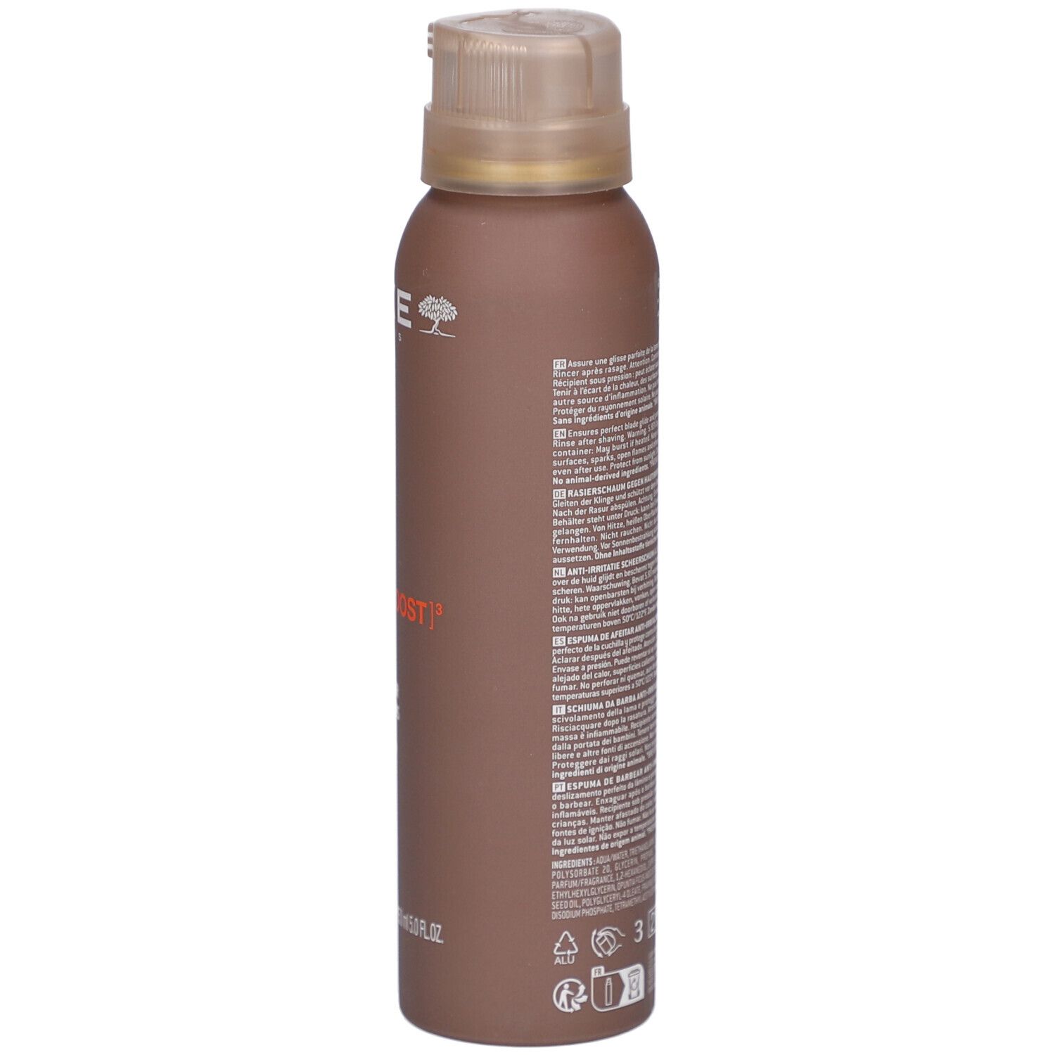 Flacone marrone con testo. Scritta: NUXE, men [BOOST], Mousse à raser, Anti-Irritations, 150 ml. Retro con testo.