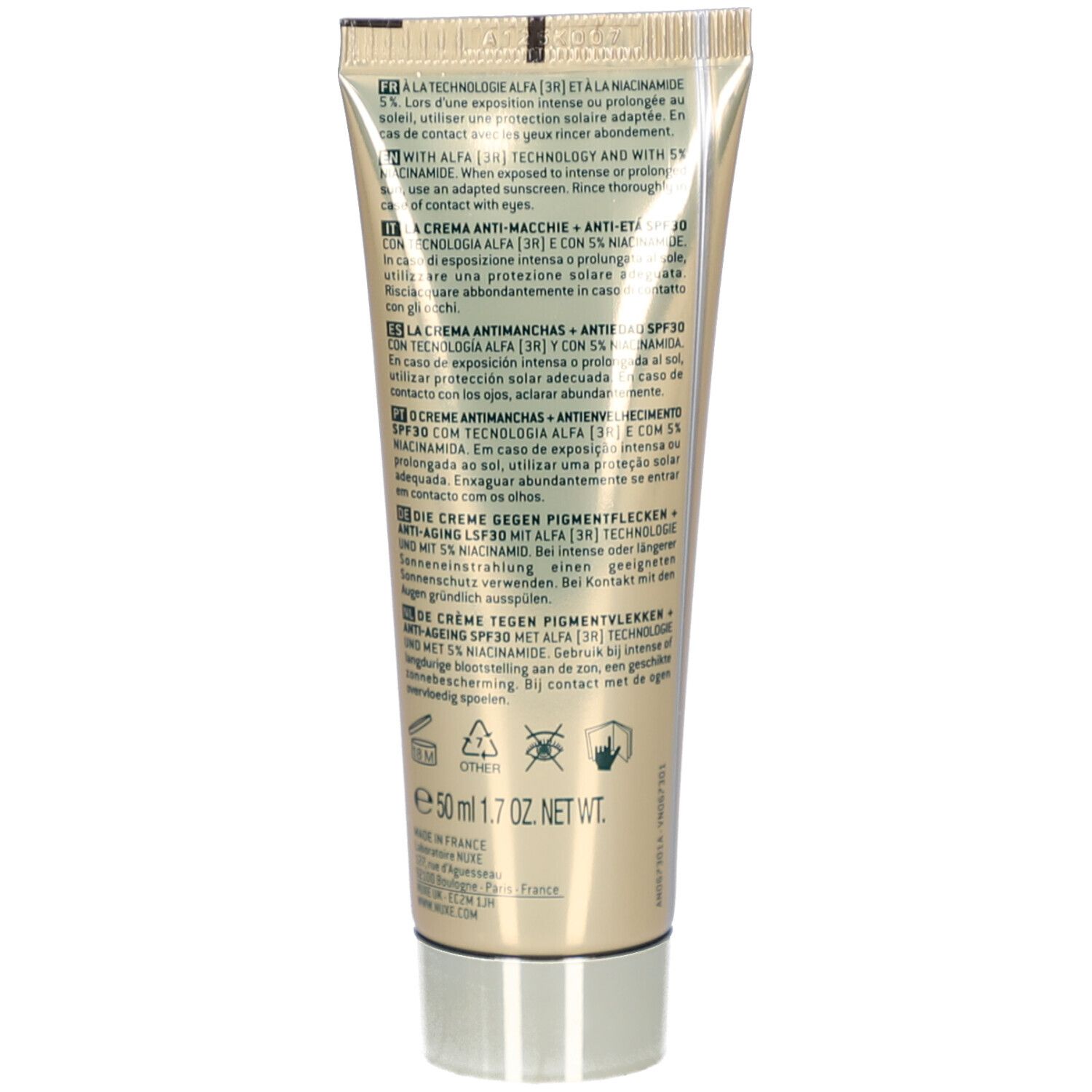 Retro del tubo crema Nuxe Nuxuriance Ultra SPF30 con istruzioni.
