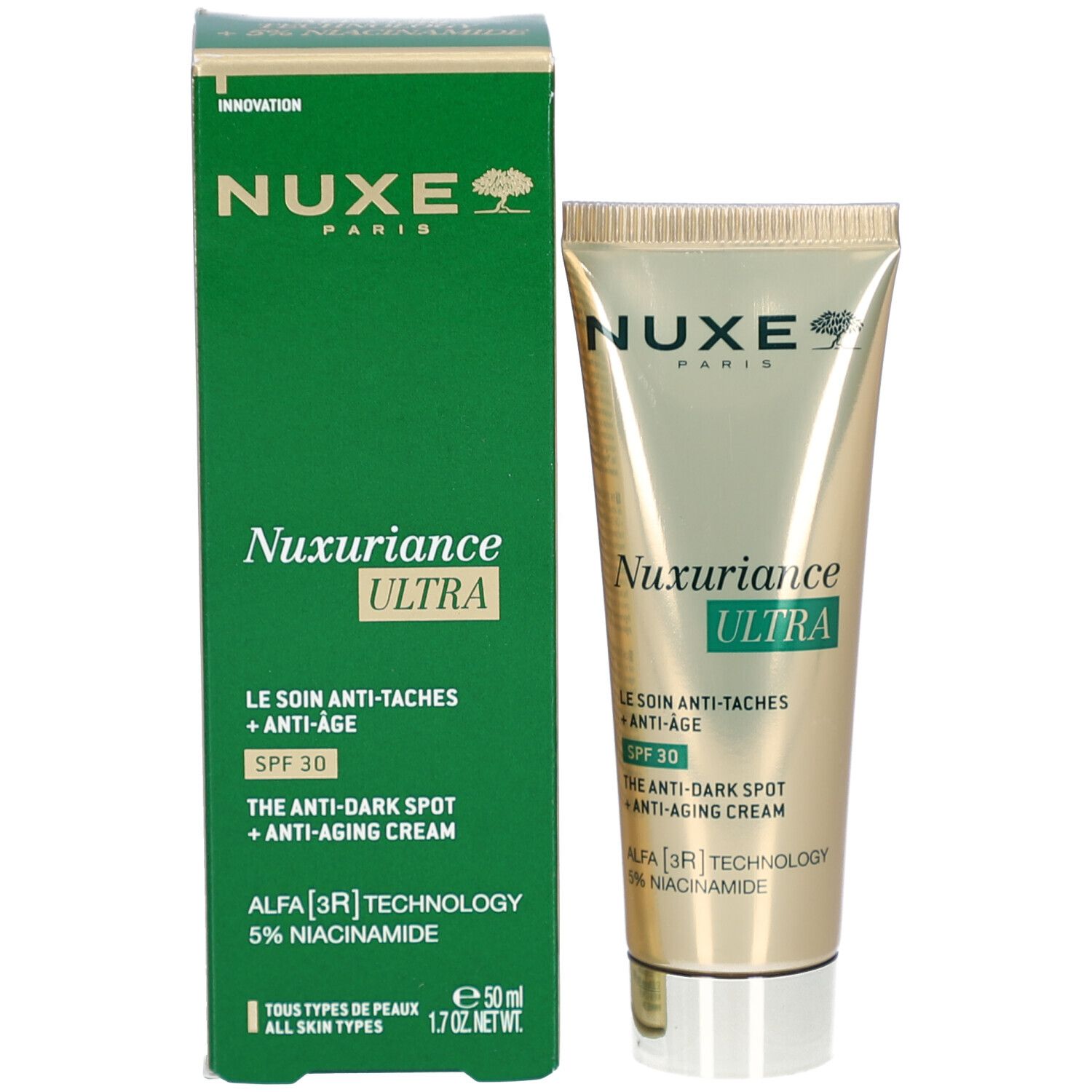 Crema Nuxe Nuxuriance Ultra SPF30 e confezione esterna.