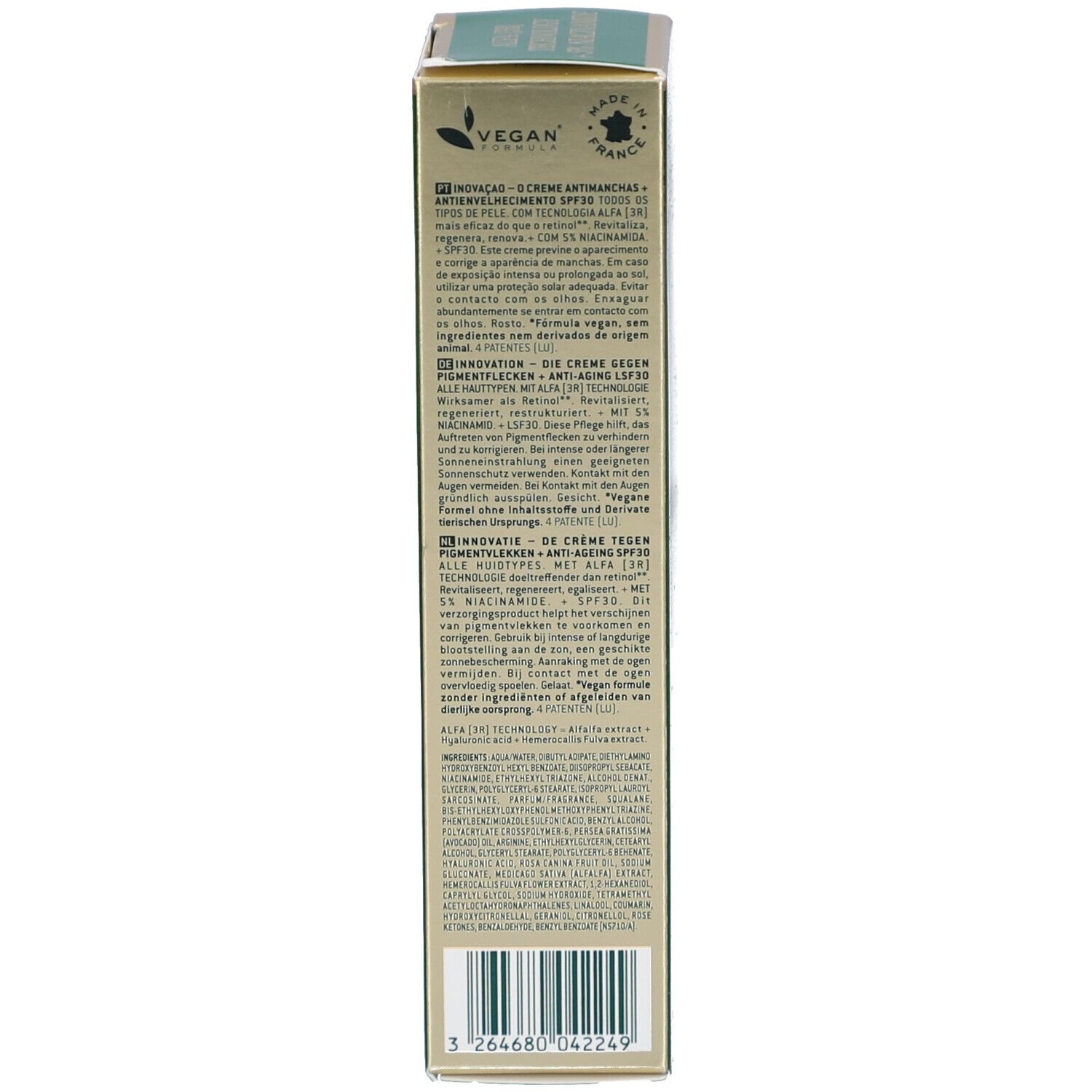 Lato della confezione esterna crema Nuxe Nuxuriance Ultra SPF30 con testo.