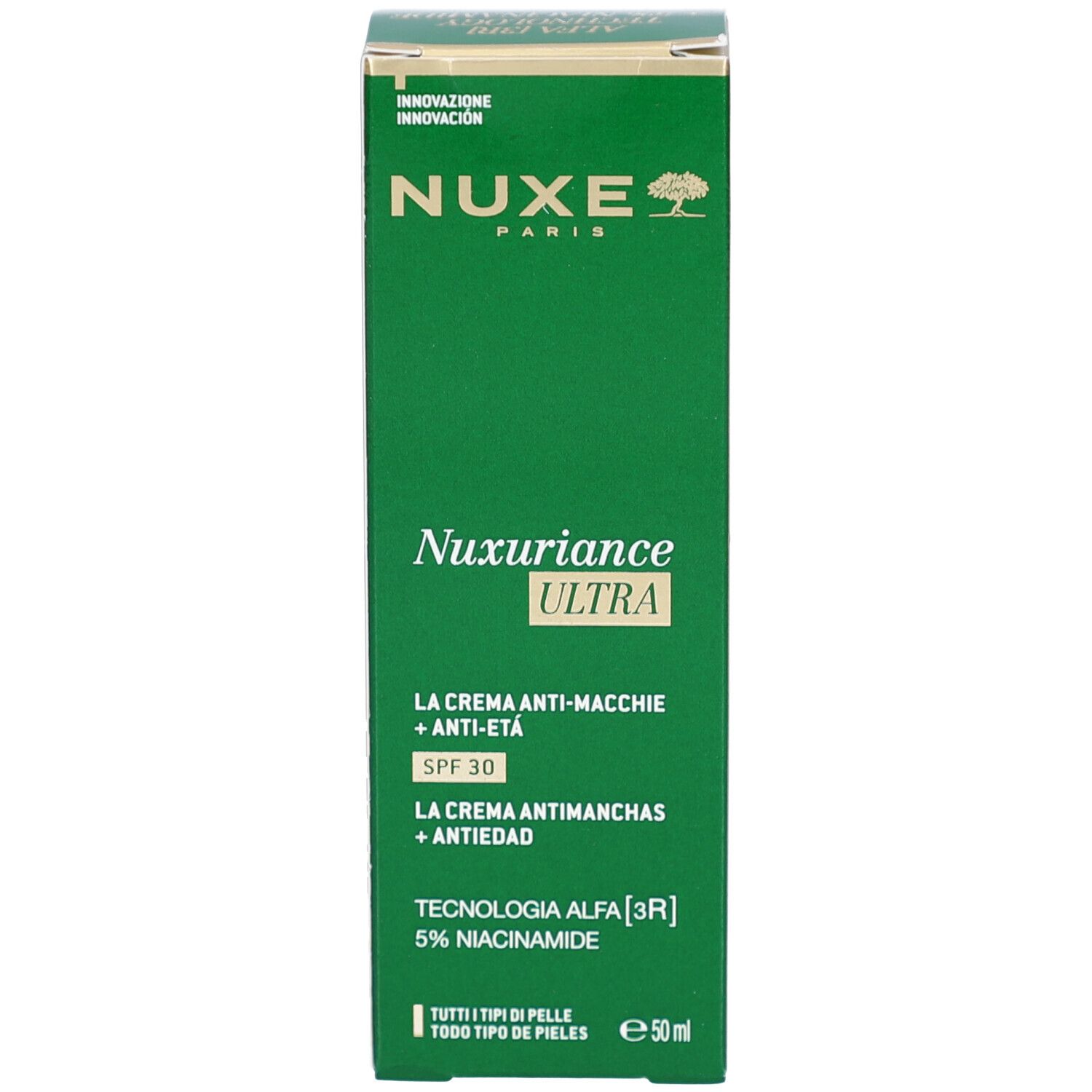 Confezione esterna crema Nuxe Nuxuriance Ultra SPF30, lato con testo.