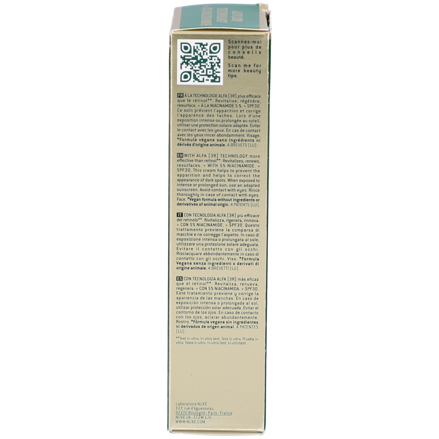 Confezione esterna crema Nuxe Nuxuriance Ultra SPF30, lato con testo.