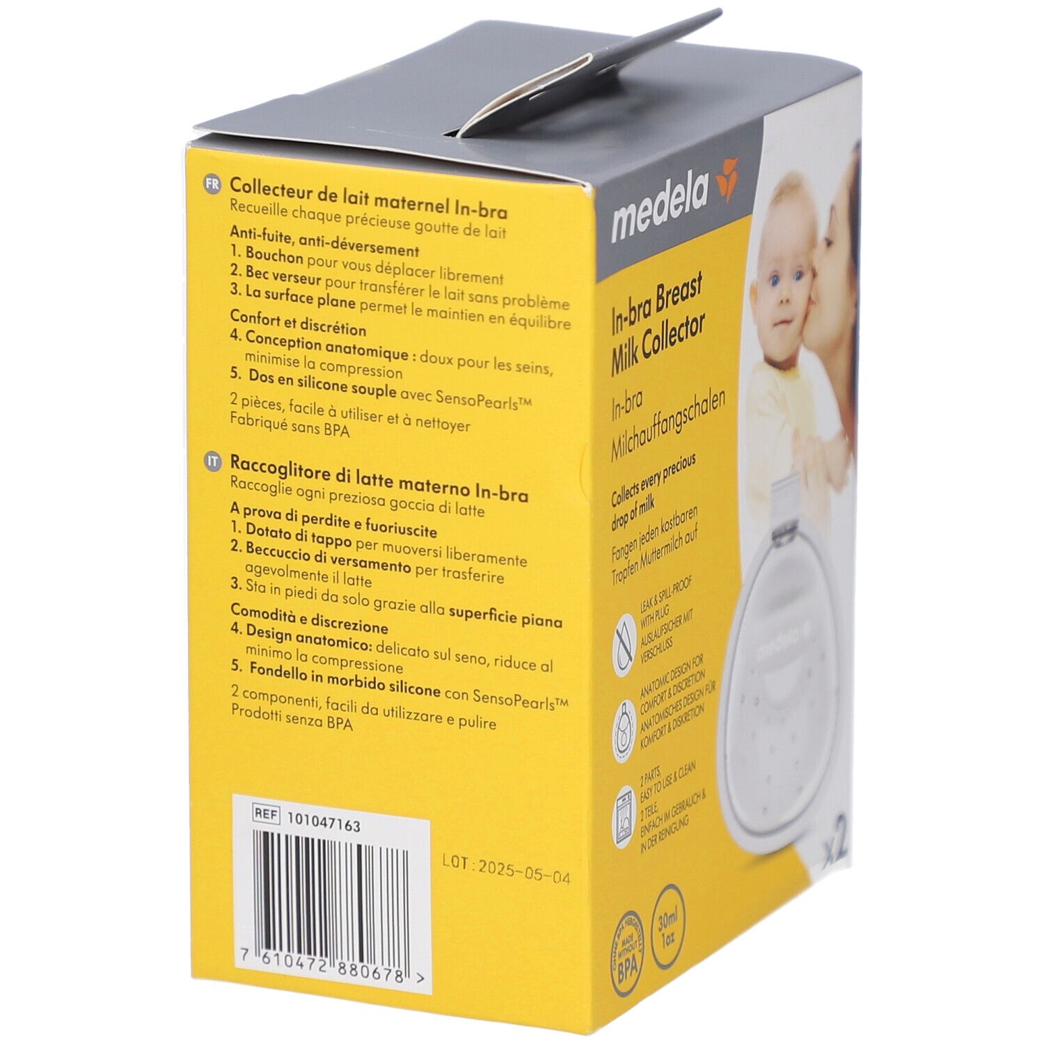 Retro della confezione Medela In-bra. Testo multilingue. Informazioni sul prodotto e numero di lotto.