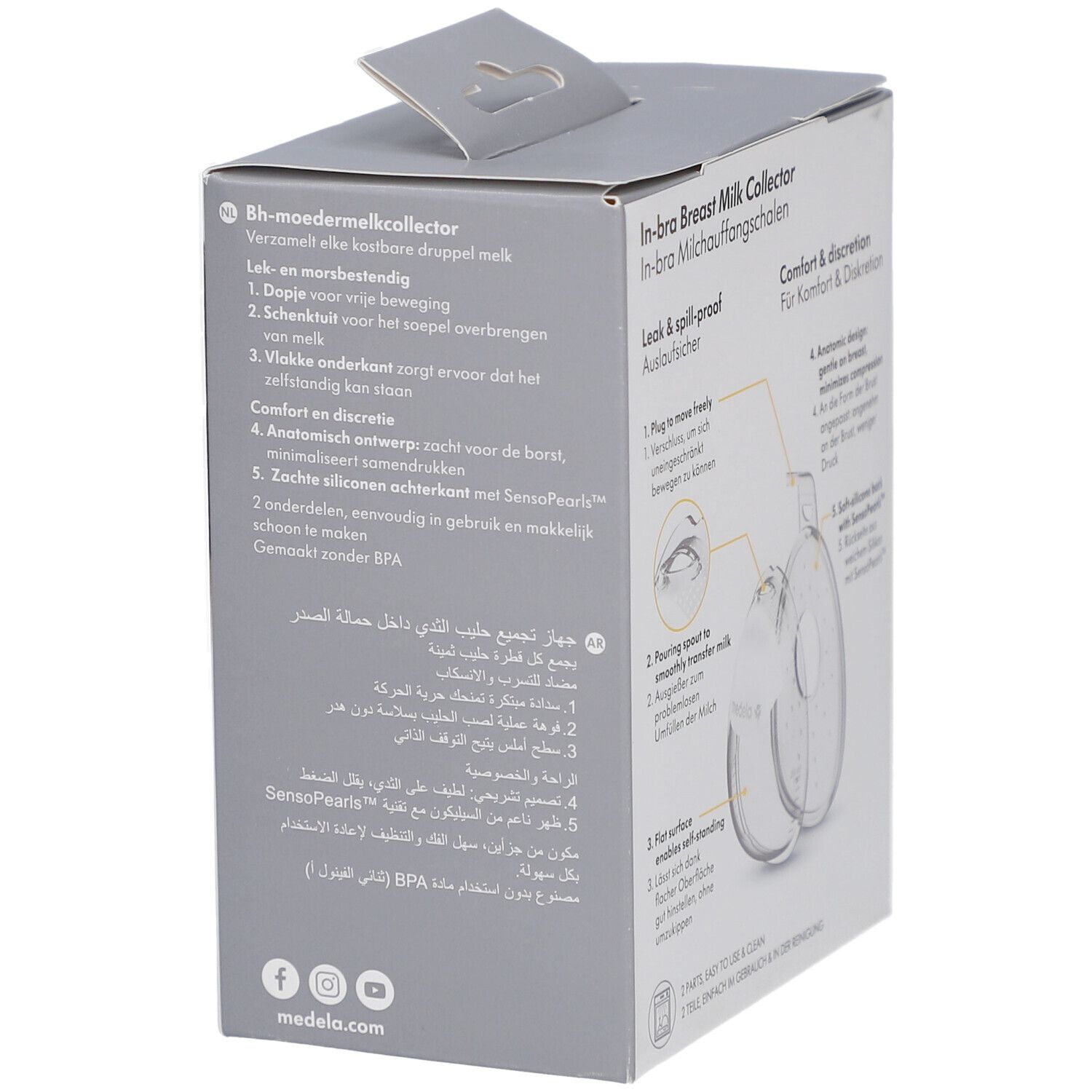 Retro della confezione Medela In-bra. Testo multilingue. Caratteristiche del prodotto e illustrazioni.