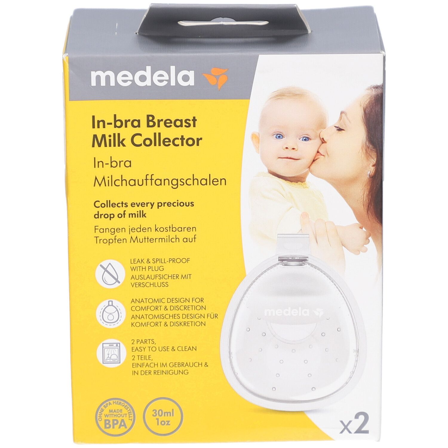 Confezione Medela In-bra. Due raccoglilatte trasparenti. Logo e informazioni sul prodotto.