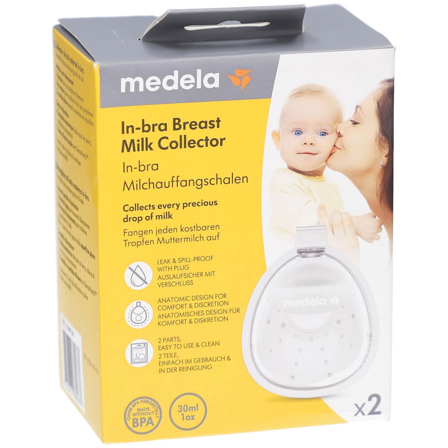 Confezione Medela In-bra. Due raccoglilatte trasparenti. Logo e informazioni sul prodotto.