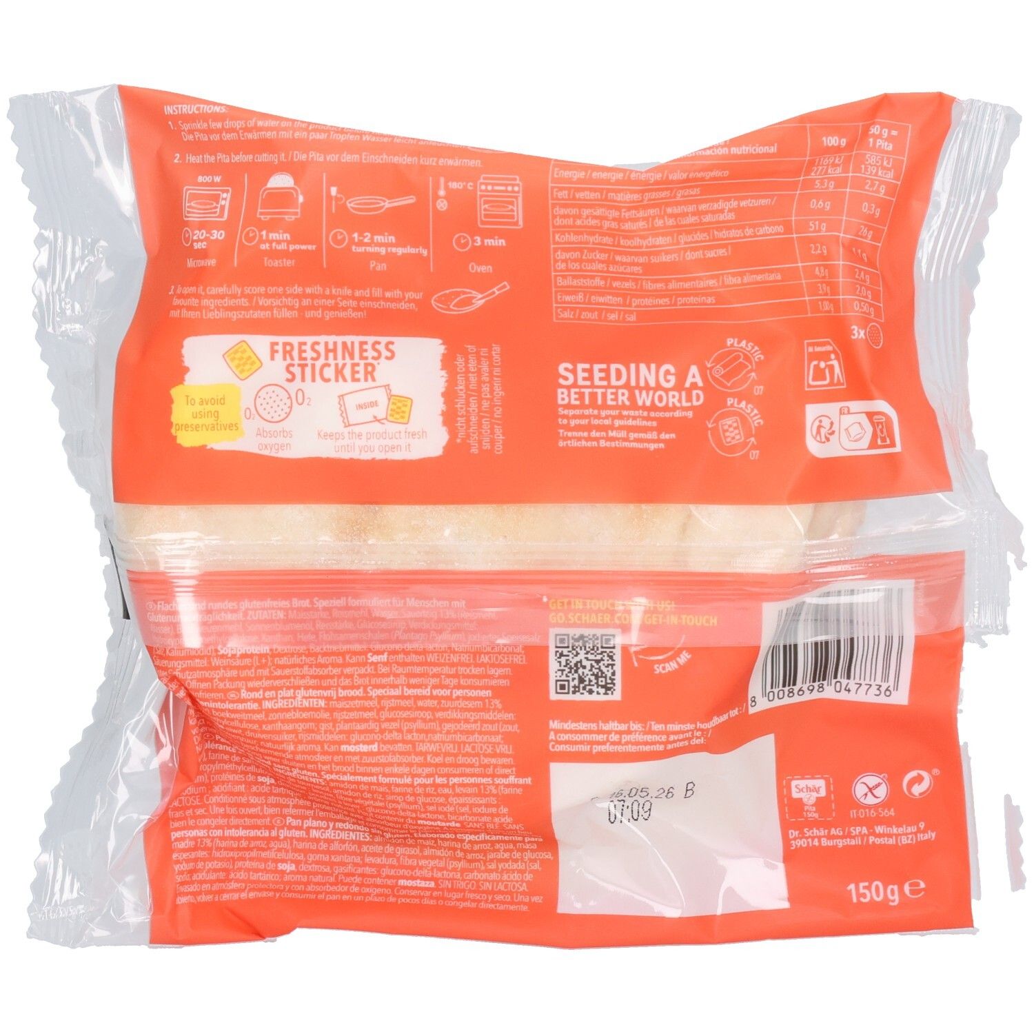 Retro della confezione delle pita. Sfondo arancione con testo e grafica. Contiene informazioni sugli ingredienti e la preparazione.