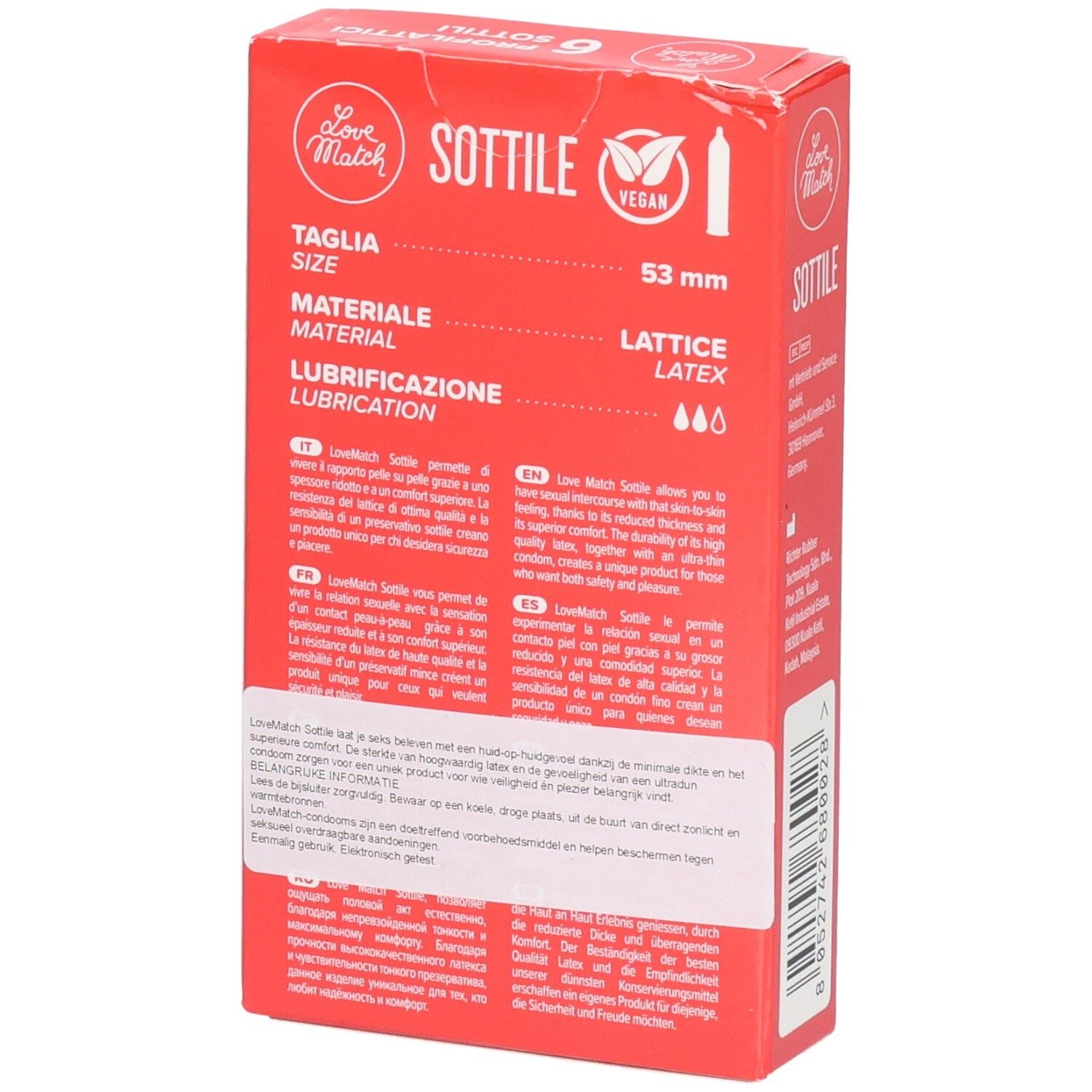 Retro della confezione di preservativi Love Match Sottile con informazioni sul prodotto.