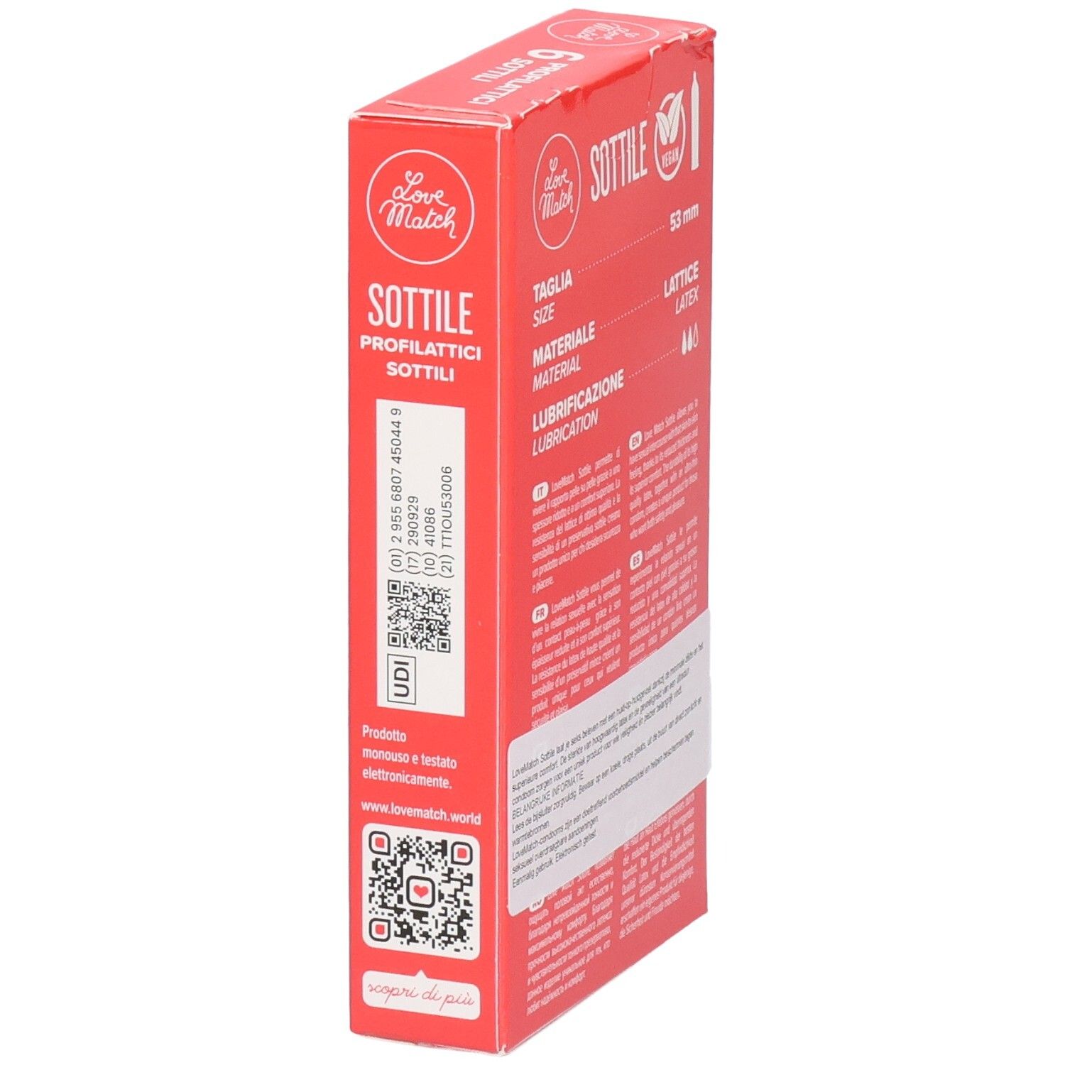 Vista laterale della confezione di preservativi Love Match Sottile con codice UDI.