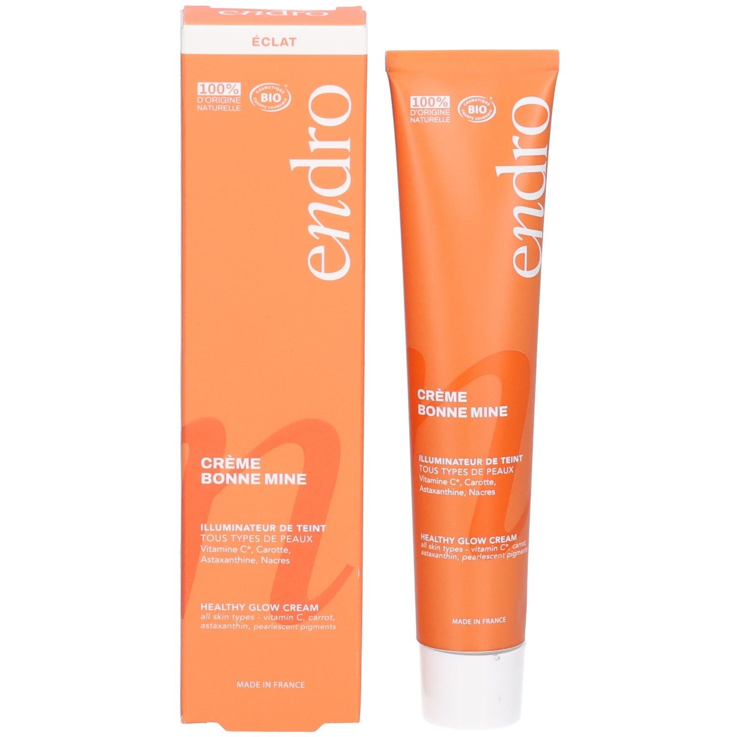 Confezione e tubo arancione "Endro Crème Bonne Mine". "Eclat" e "100% Naturel Bio" sono visibili.