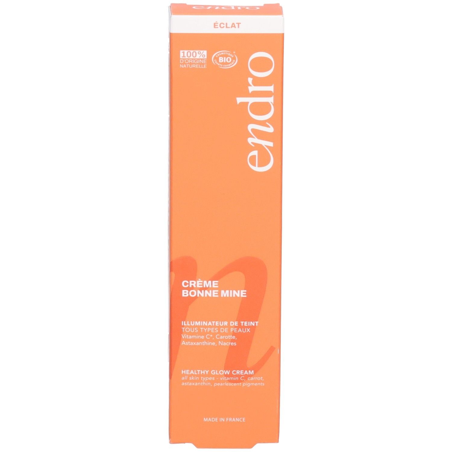 Confezione arancione "Endro Crème Bonne Mine" con sigilli "Eclat" e "100% Naturel Bio".