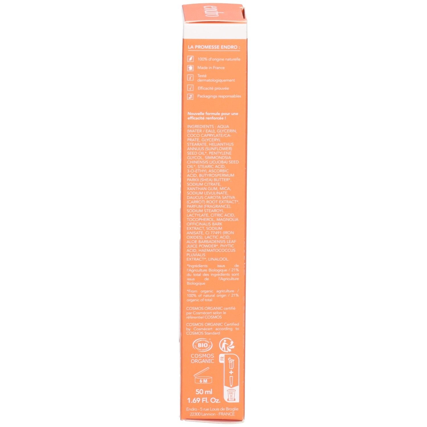 Retro della confezione del prodotto con ingredienti, certificazioni e indicazione 50 ml / 1.69 fl. Oz.