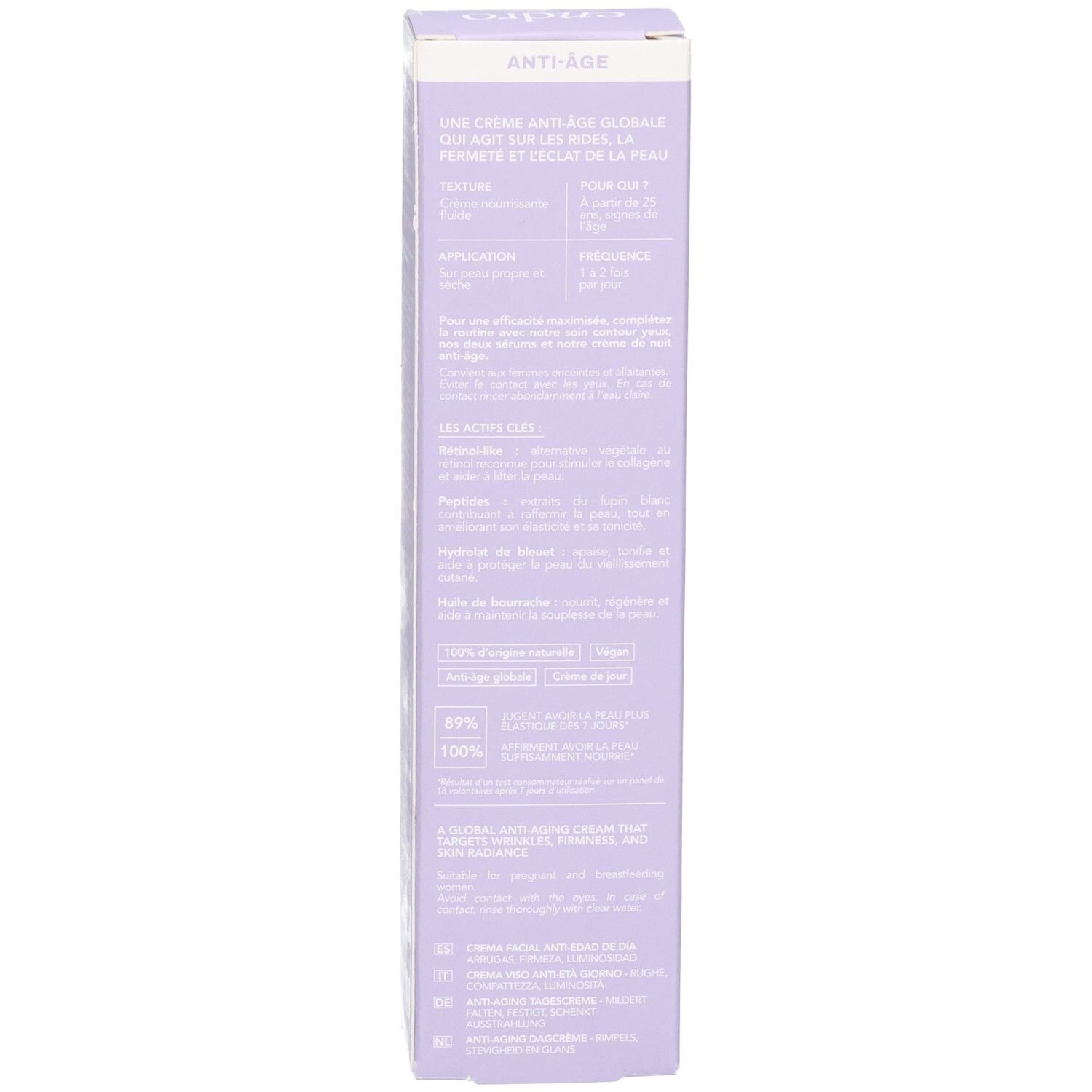 Retro della confezione della crema giorno anti-età Endro con informazioni dettagliate sul prodotto e sugli ingredienti.
