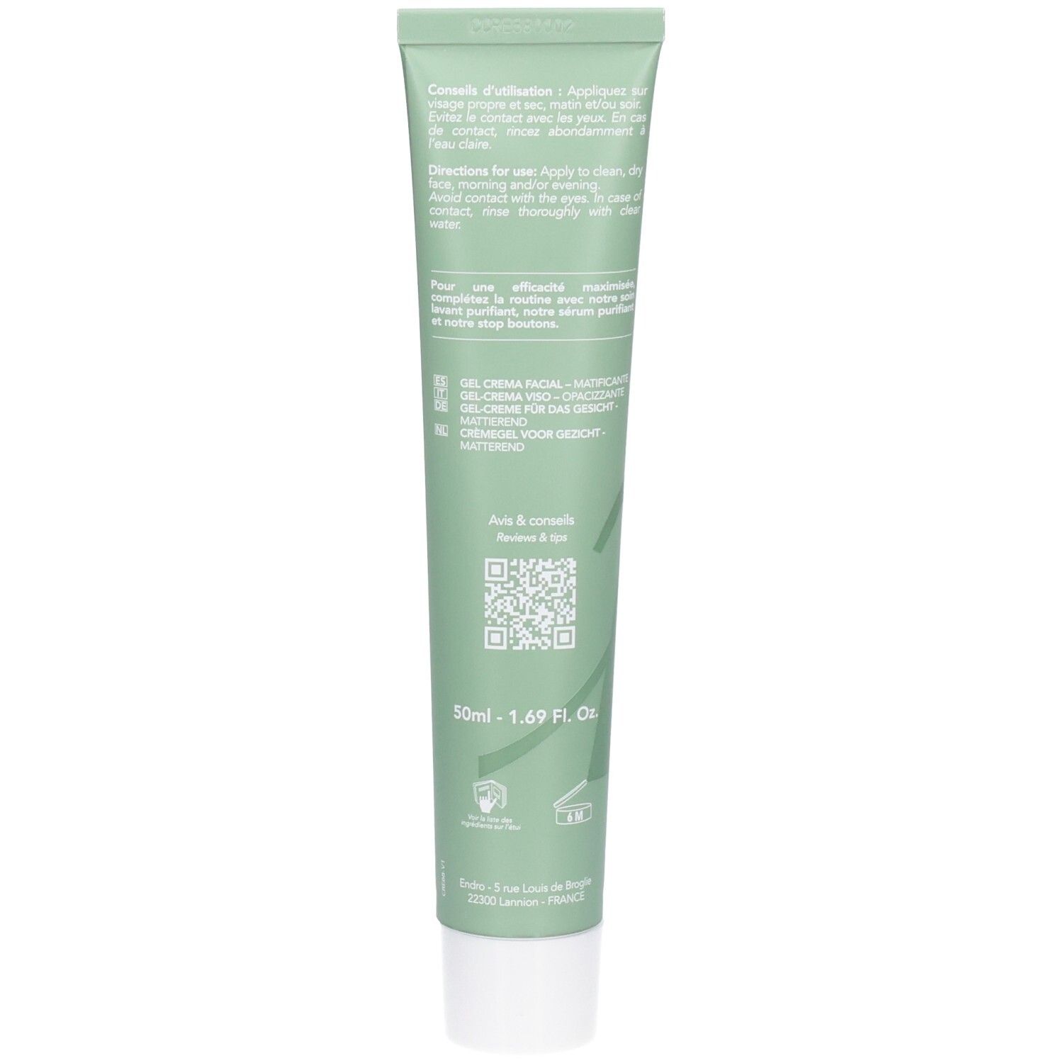 Retro del tubo Endro Gel-Crème Matifiant. Contiene istruzioni e codice QR. 50ml.