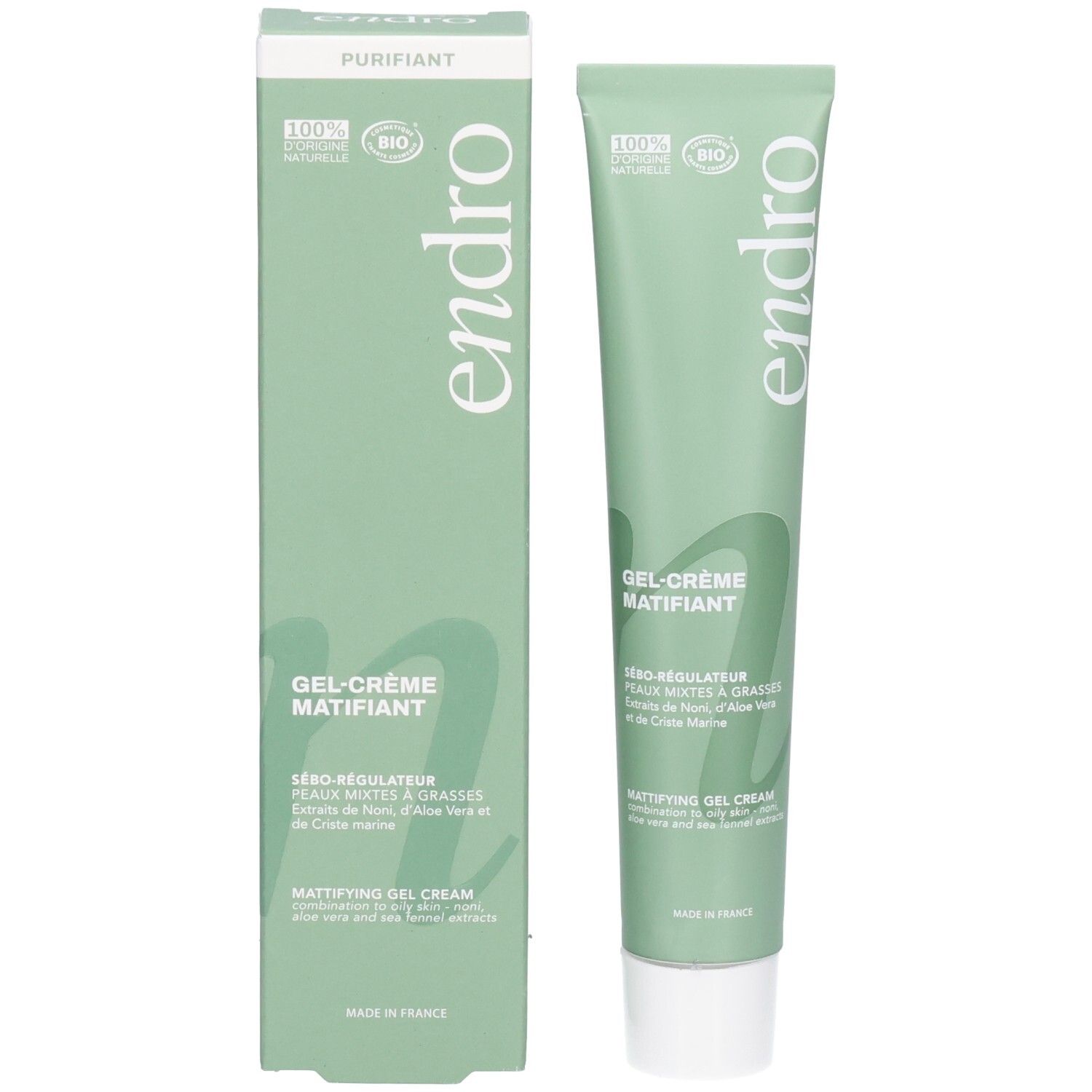 Tubo Endro Gel-Crème Matifiant e la sua scatola. Visibili sigilli 100% naturale e Bio.