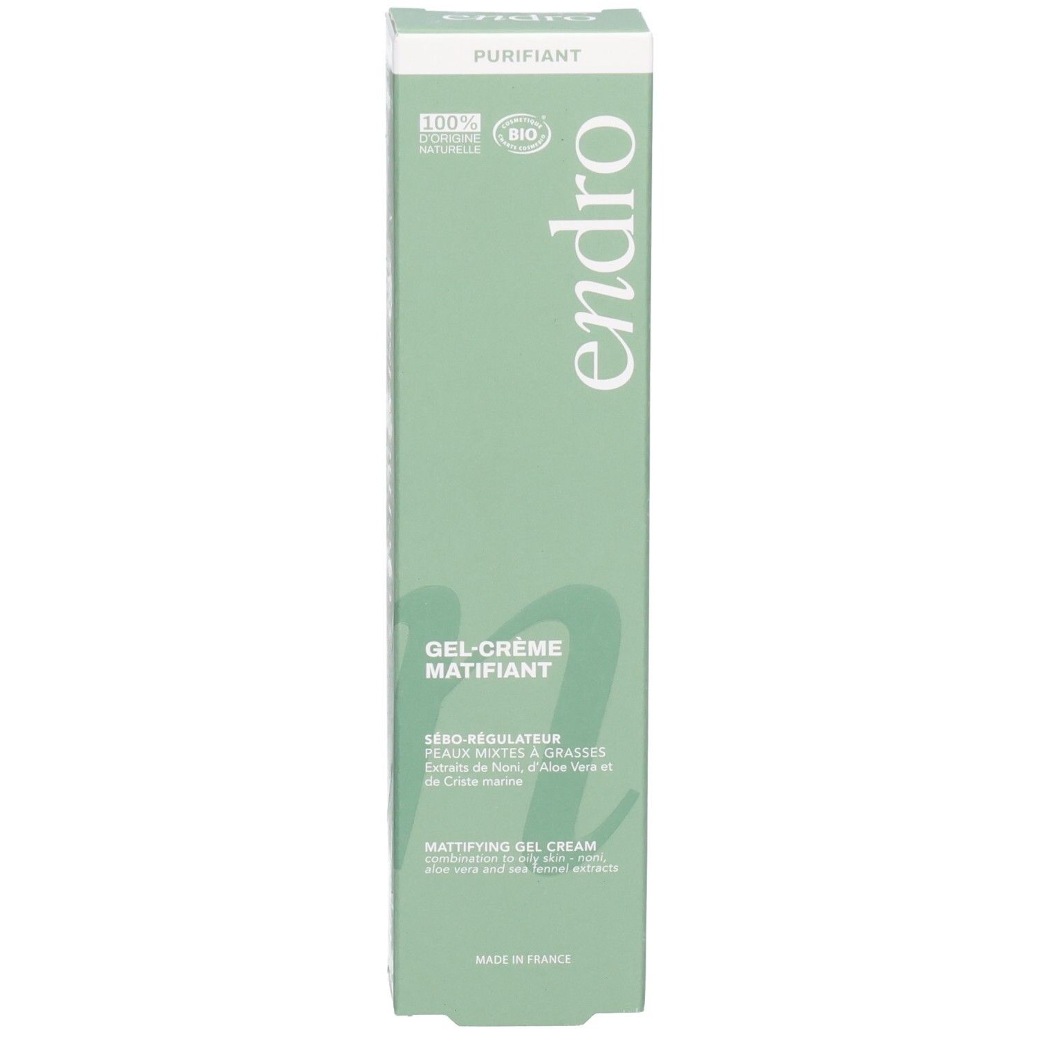 Scatola Endro Gel-Crème Matifiant. Lato frontale con nome prodotto e sigilli 100% naturale, Bio.