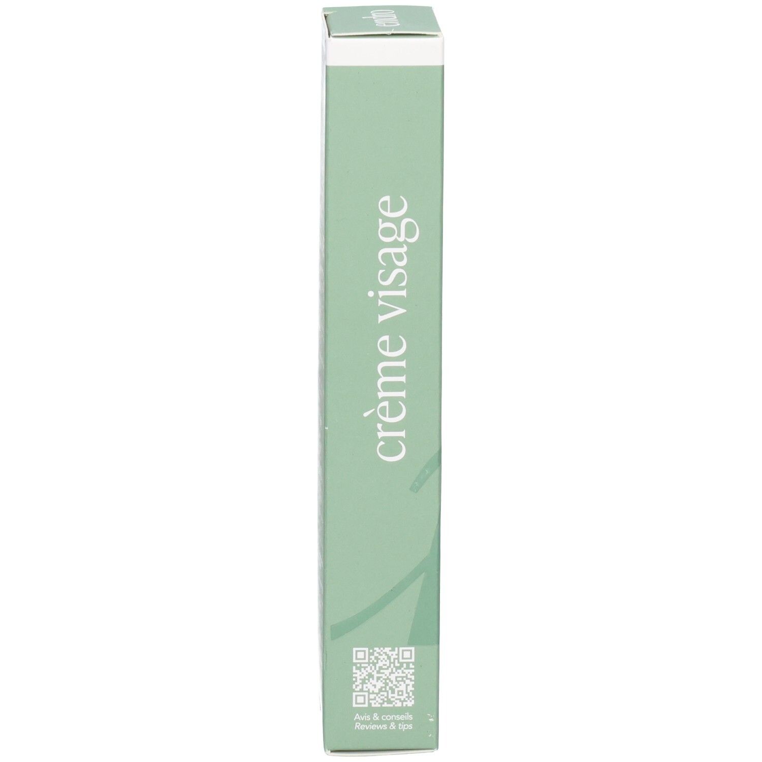 Lato della scatola Endro Gel-Crème Matifiant. Scritta 'crème visage' e codice QR.