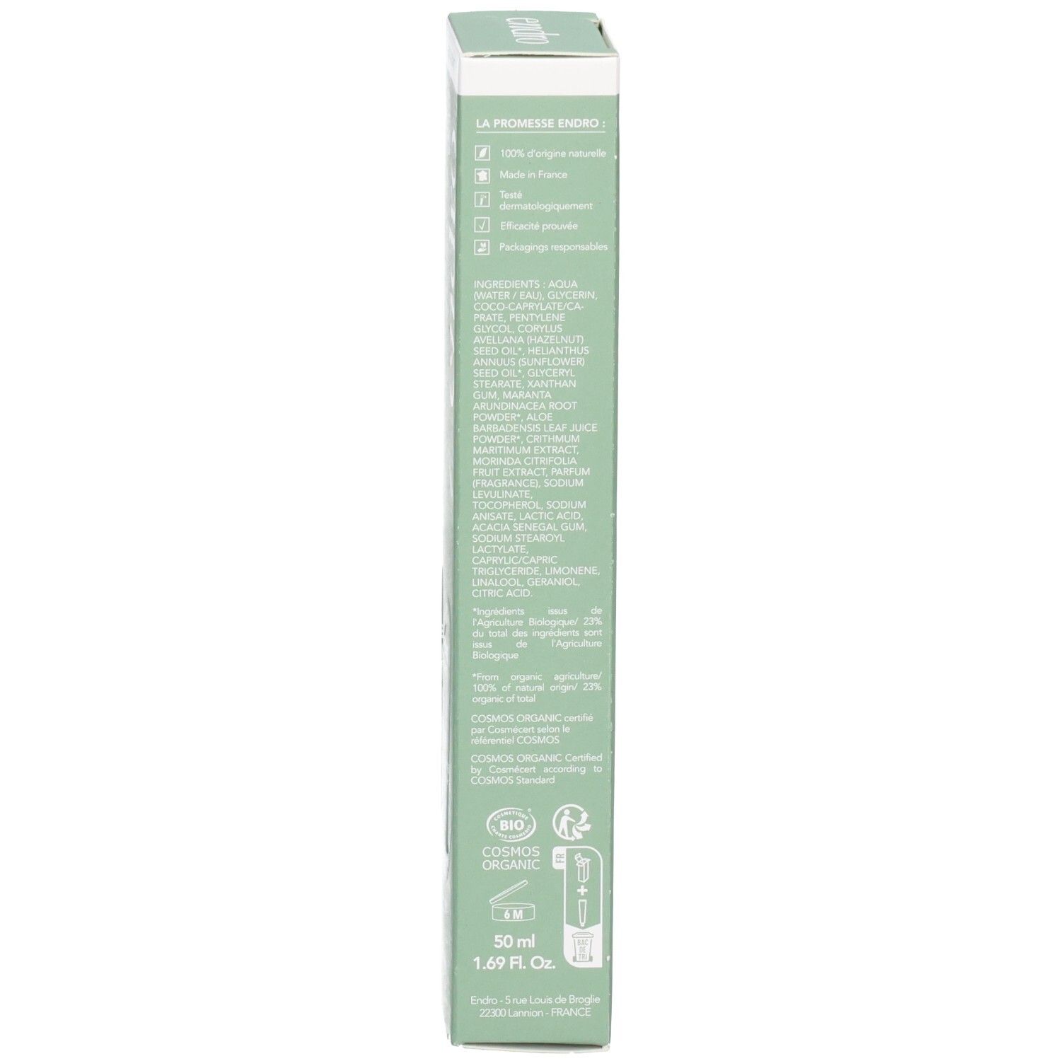 Lato della scatola Endro Gel-Crème Matifiant. Elenco ingredienti e sigilli.