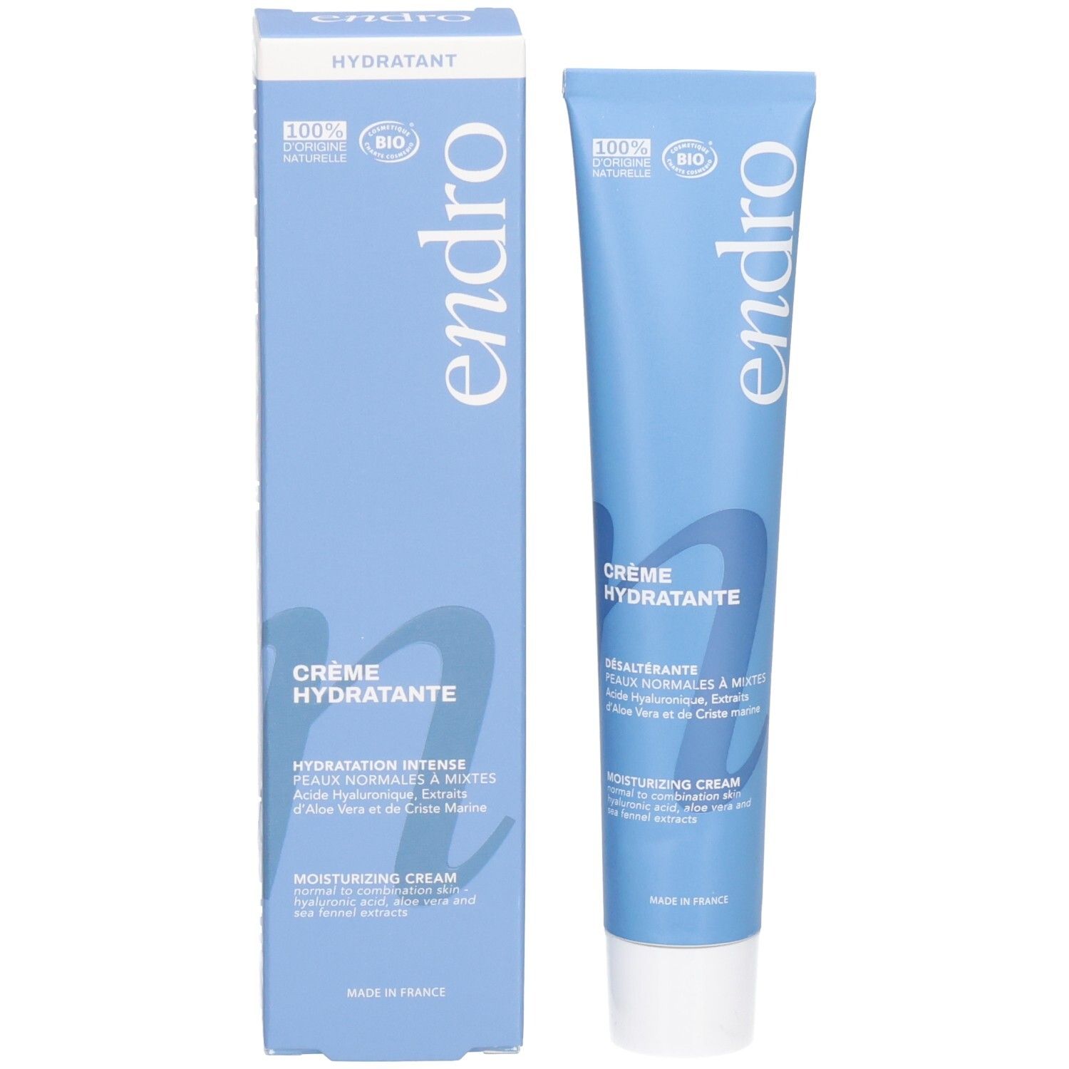 Tubo e confezione di crema idratante Endro con sigillo Bio e indicazione 100% naturale.