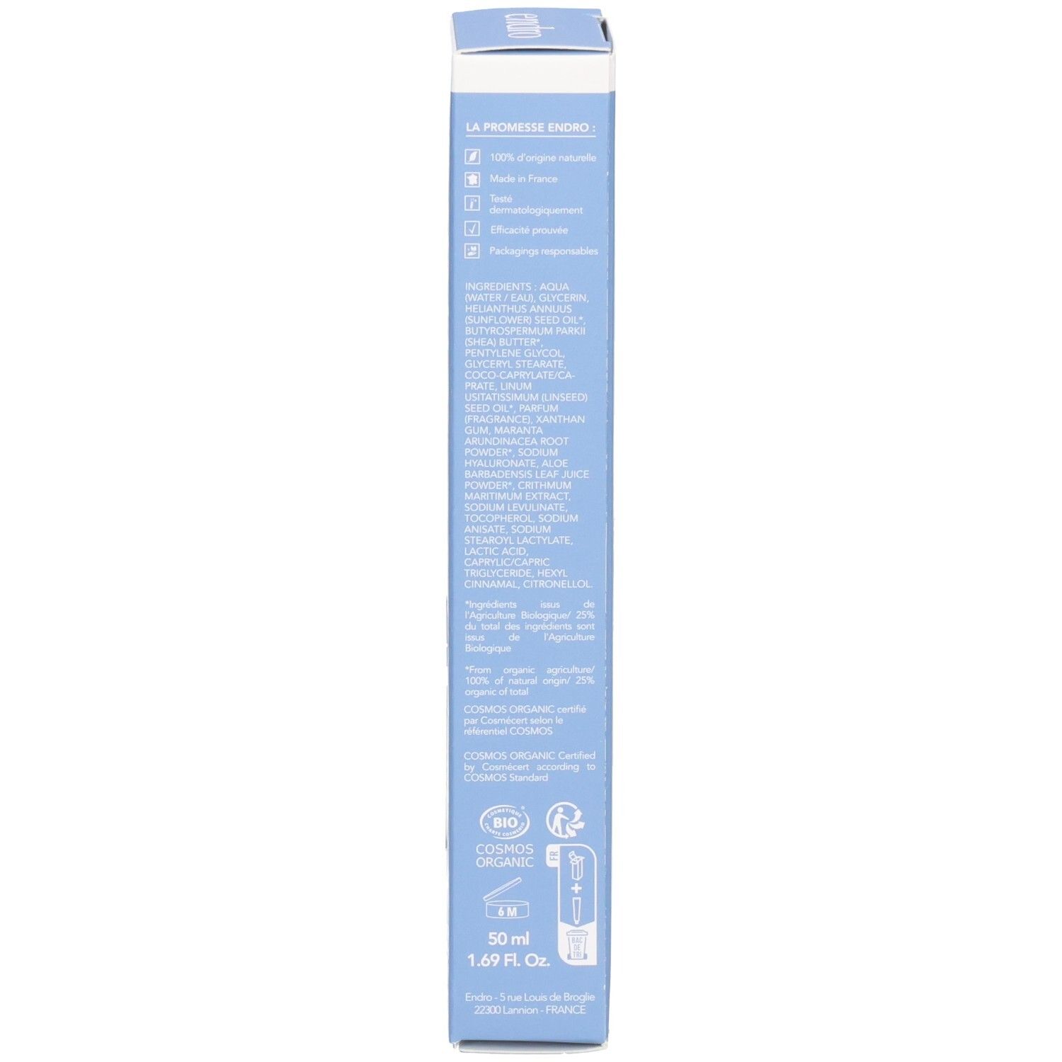 Vista laterale della confezione di crema idratante Endro con ingredienti e certificazioni.