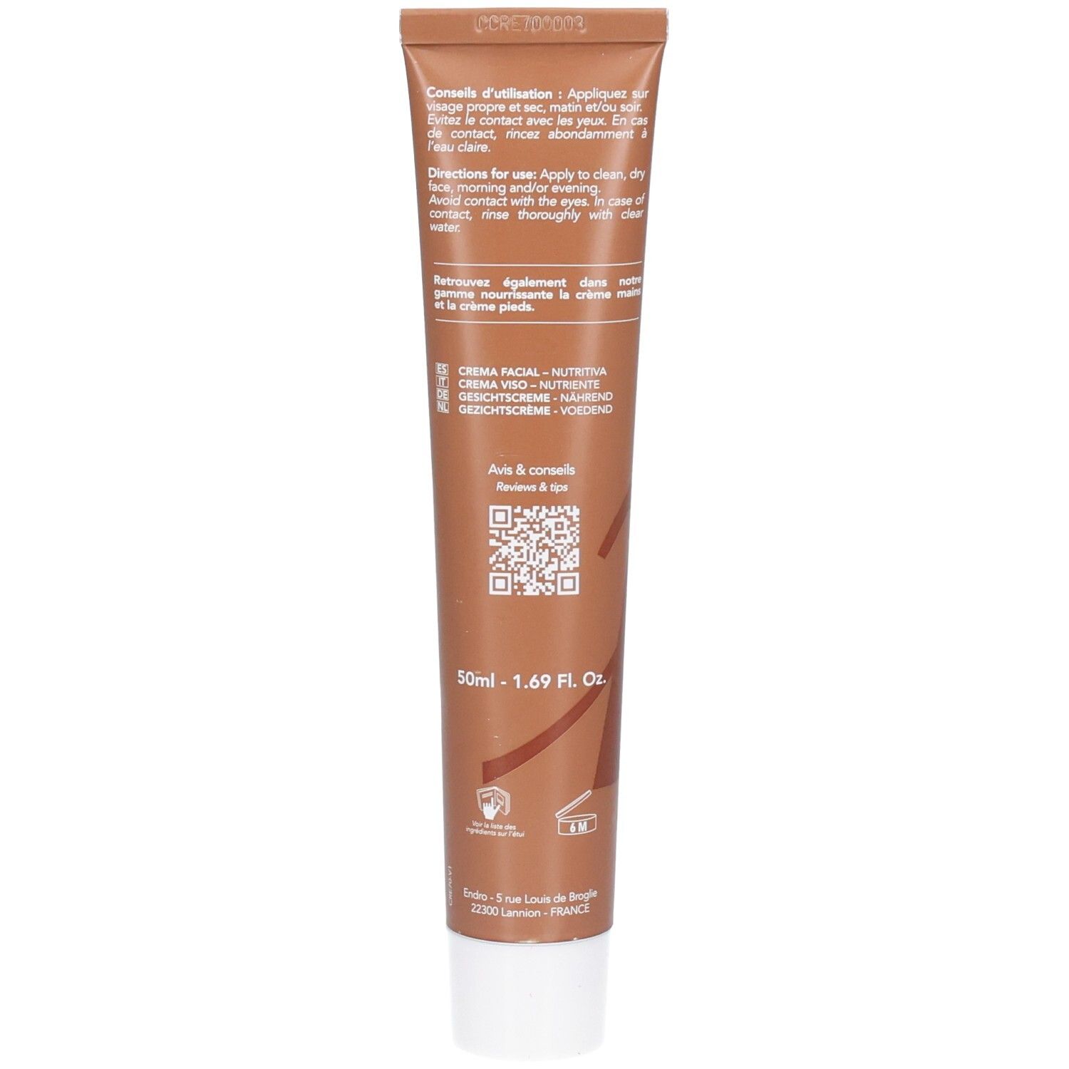 Retro di un tubo di crema viso nutriente Endro con istruzioni e codice QR.