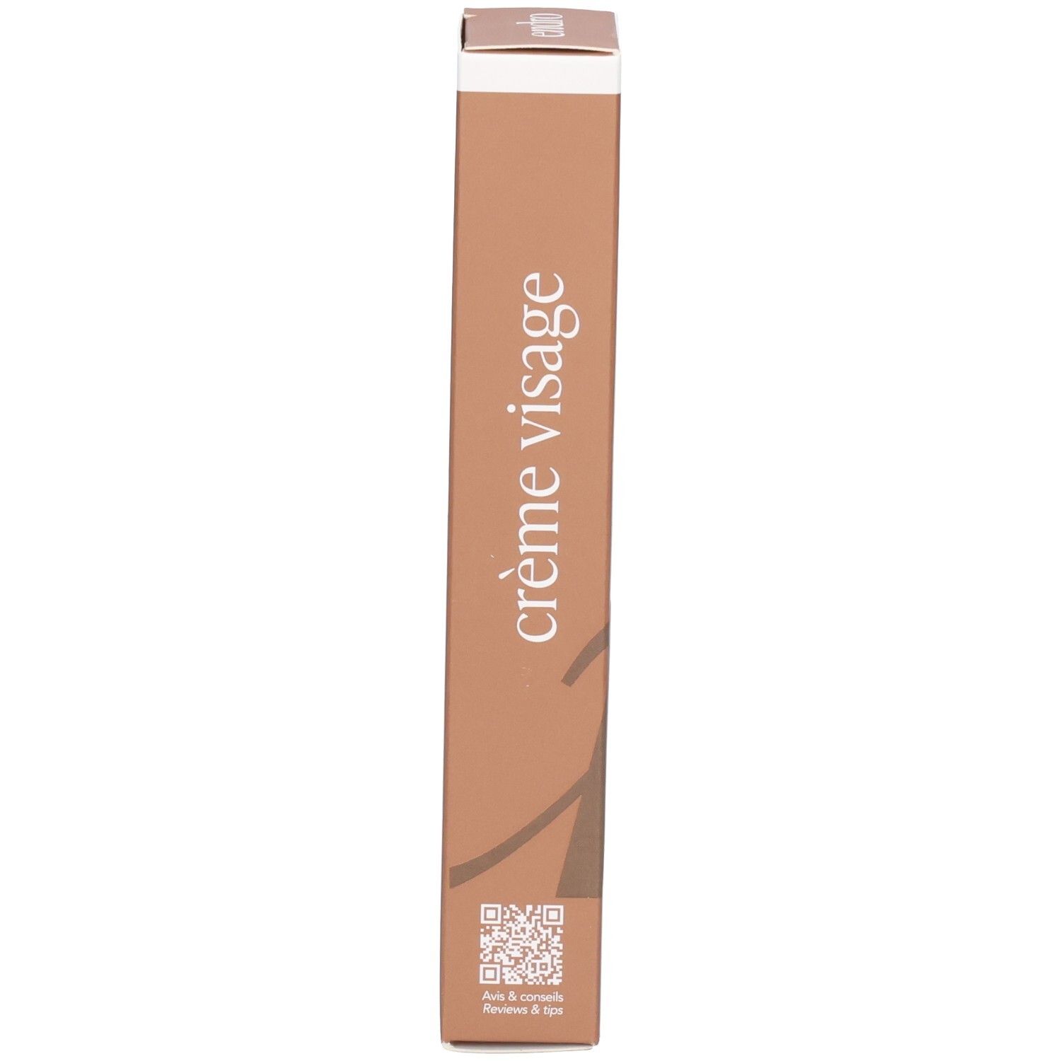 Vista laterale della scatola di crema viso nutriente Endro. Marrone con scritte bianche.