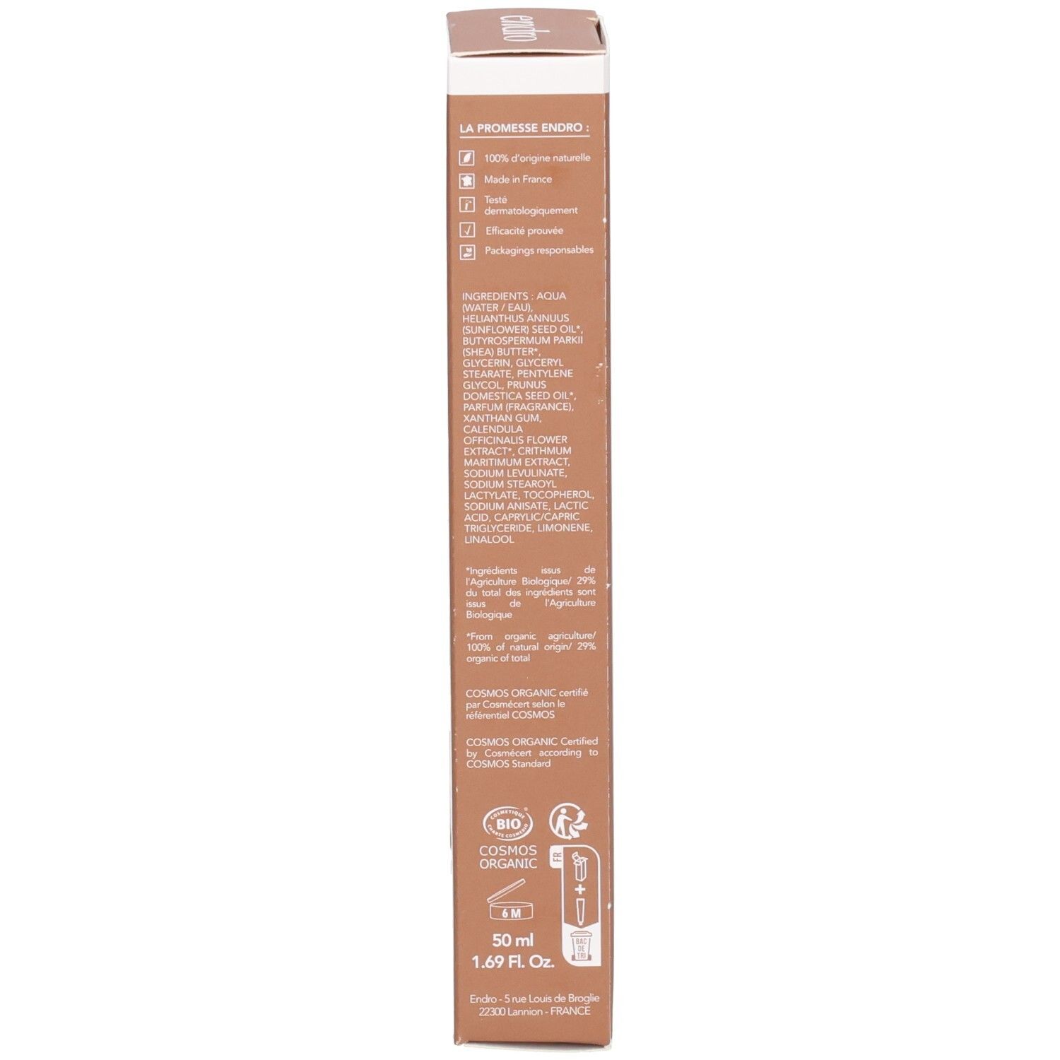 Retro della scatola di crema viso nutriente Endro con ingredienti e certificazioni.