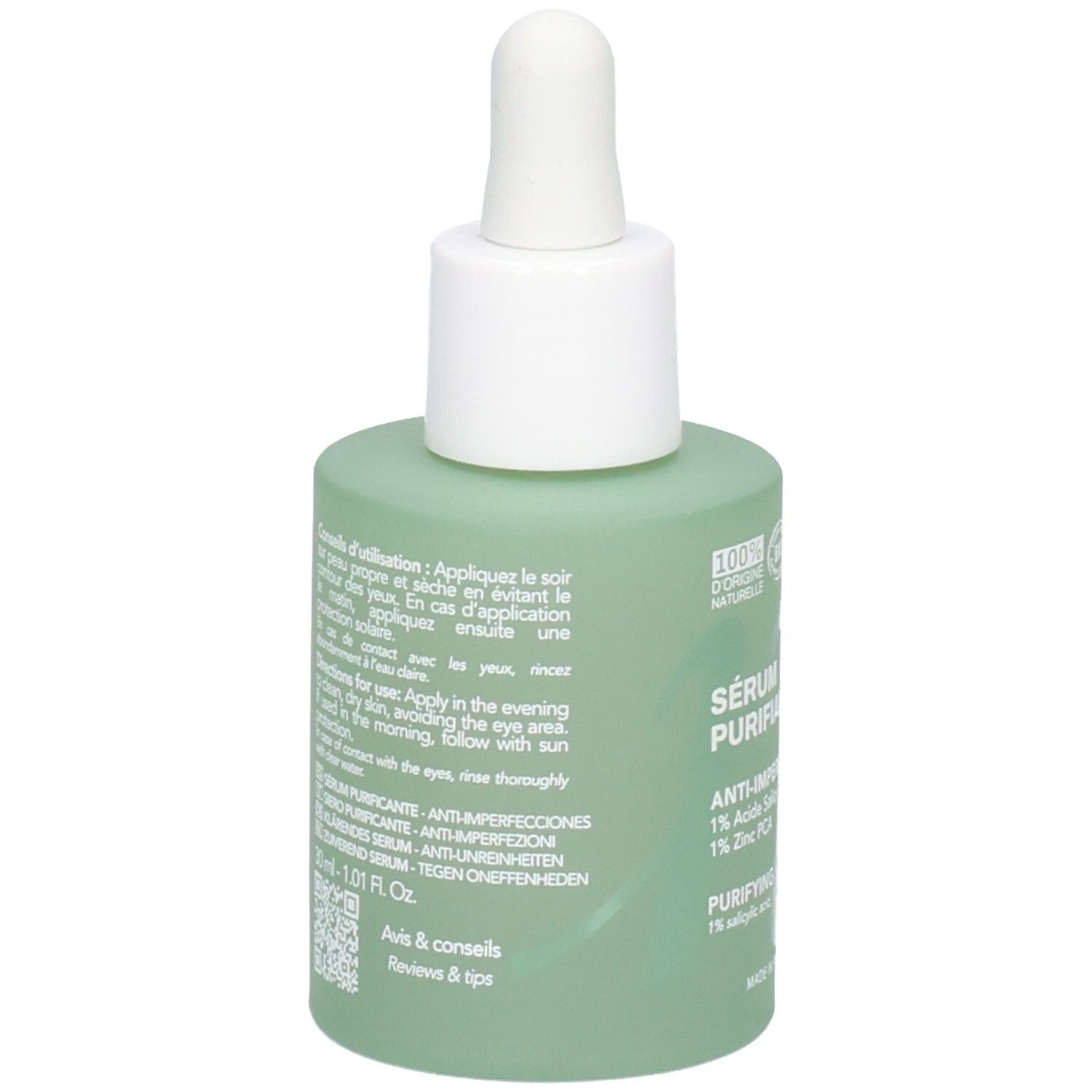 Retro del flacone Endro Sérum Purifiant con istruzioni per l'uso e ingredienti.