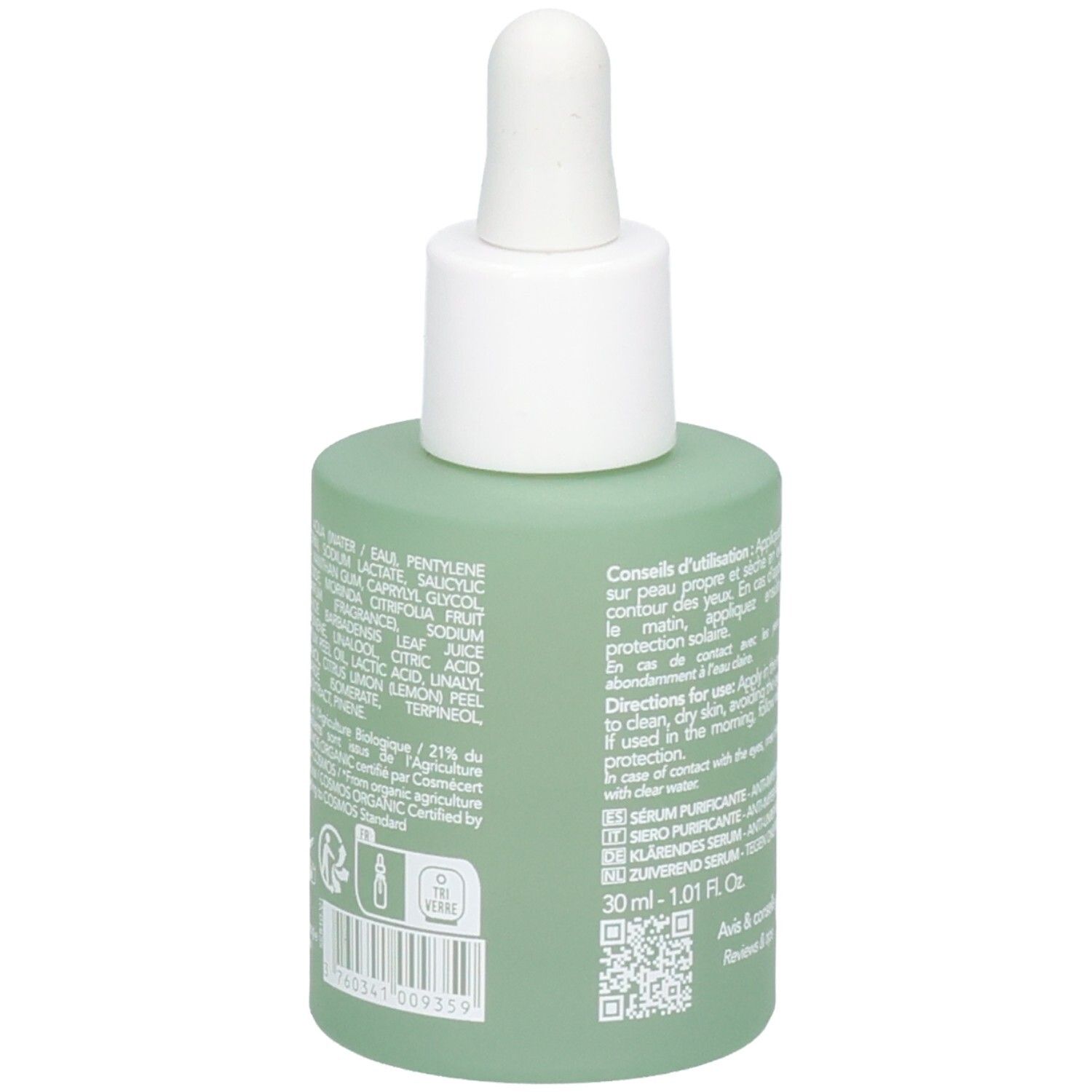 Vista laterale del flacone Endro Sérum Purifiant con elenco dettagliato degli ingredienti.