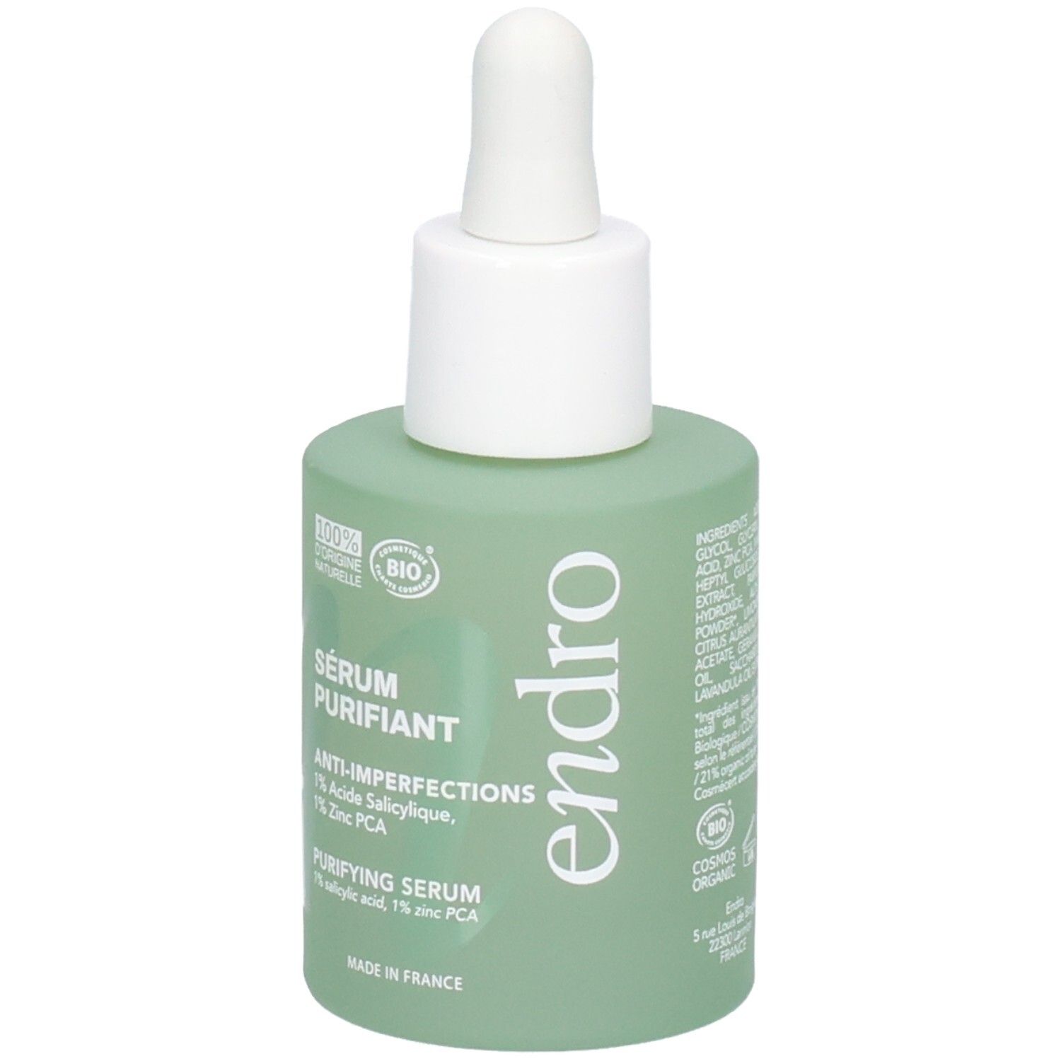 Endro Sérum Purifiant, flacone verde con contagocce. Contiene 1% di acido salicilico e 1% di zinco PCA.