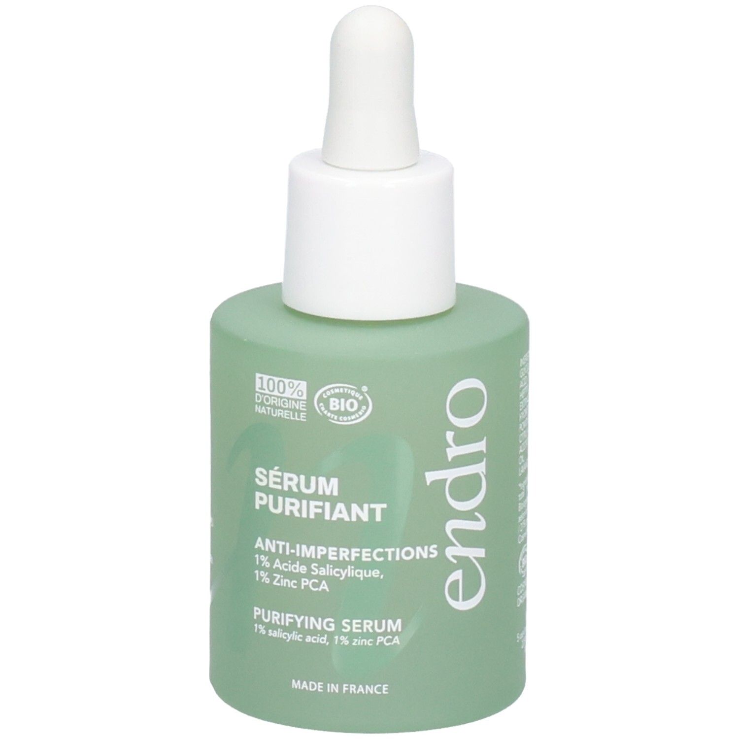 Endro Sérum Purifiant, flacone verde con contagocce. Contiene 1% di acido salicilico e 1% di zinco PCA.