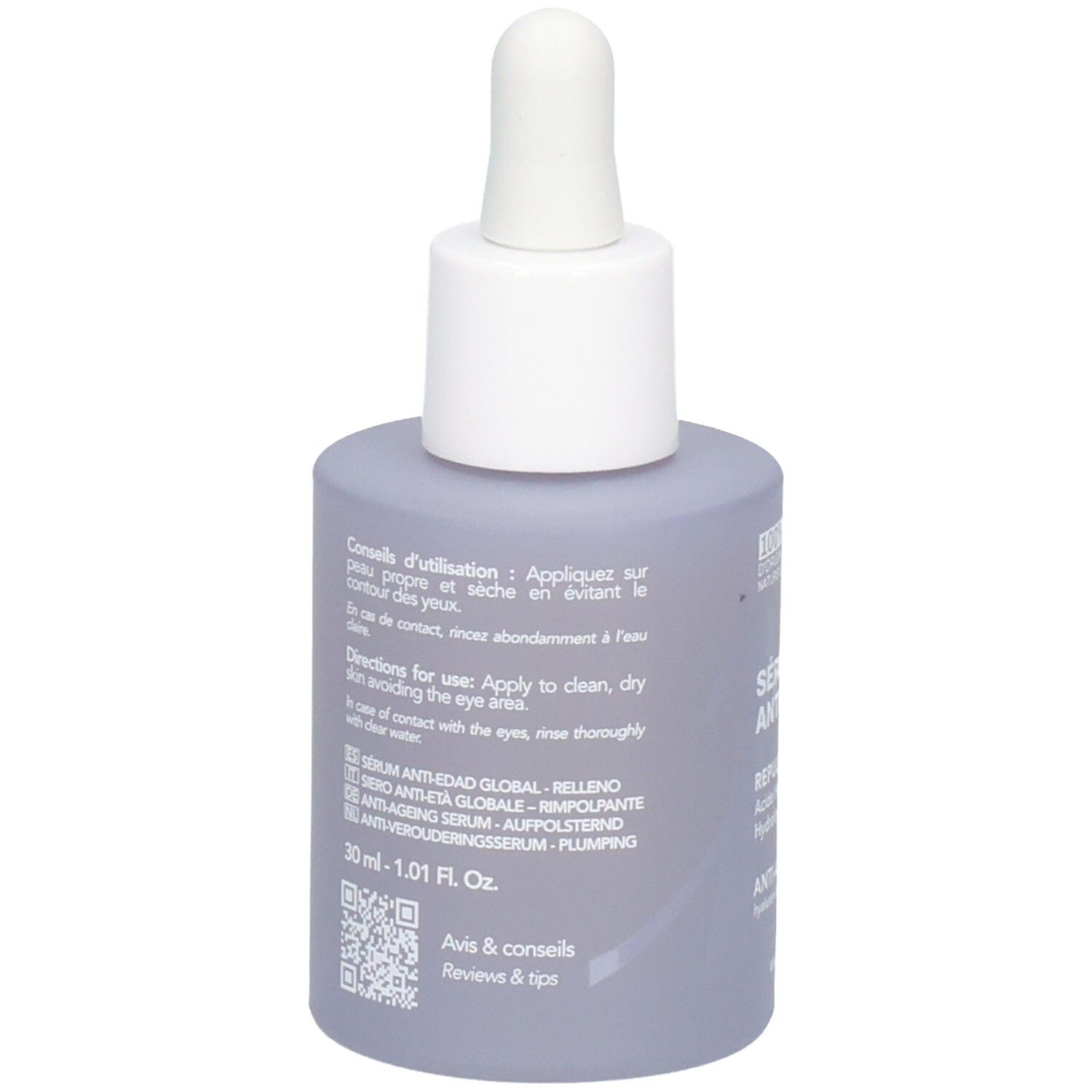 Retro di un flacone lilla con pipetta. Contiene istruzioni e ingredienti. 30 ml.