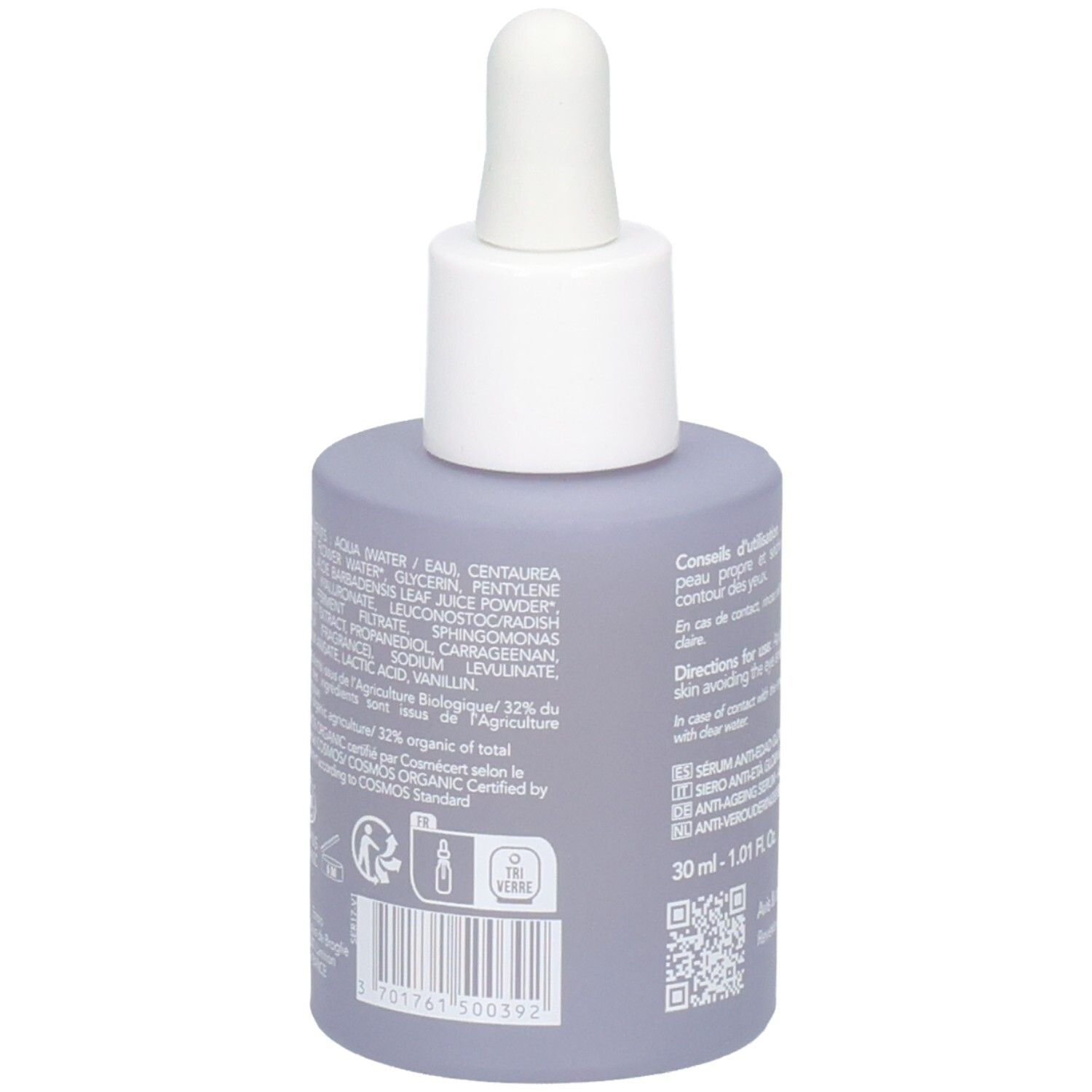 Lato di un flacone lilla con pipetta. Mostra elenco ingredienti e certificazioni bio. 30 ml.