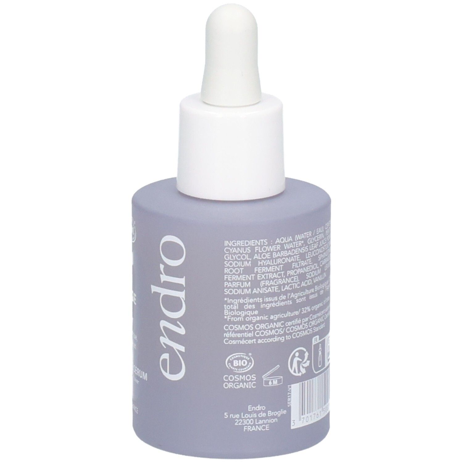Lato di un flacone lilla con pipetta. Ingredienti e certificazione COSMOS ORGANIC.