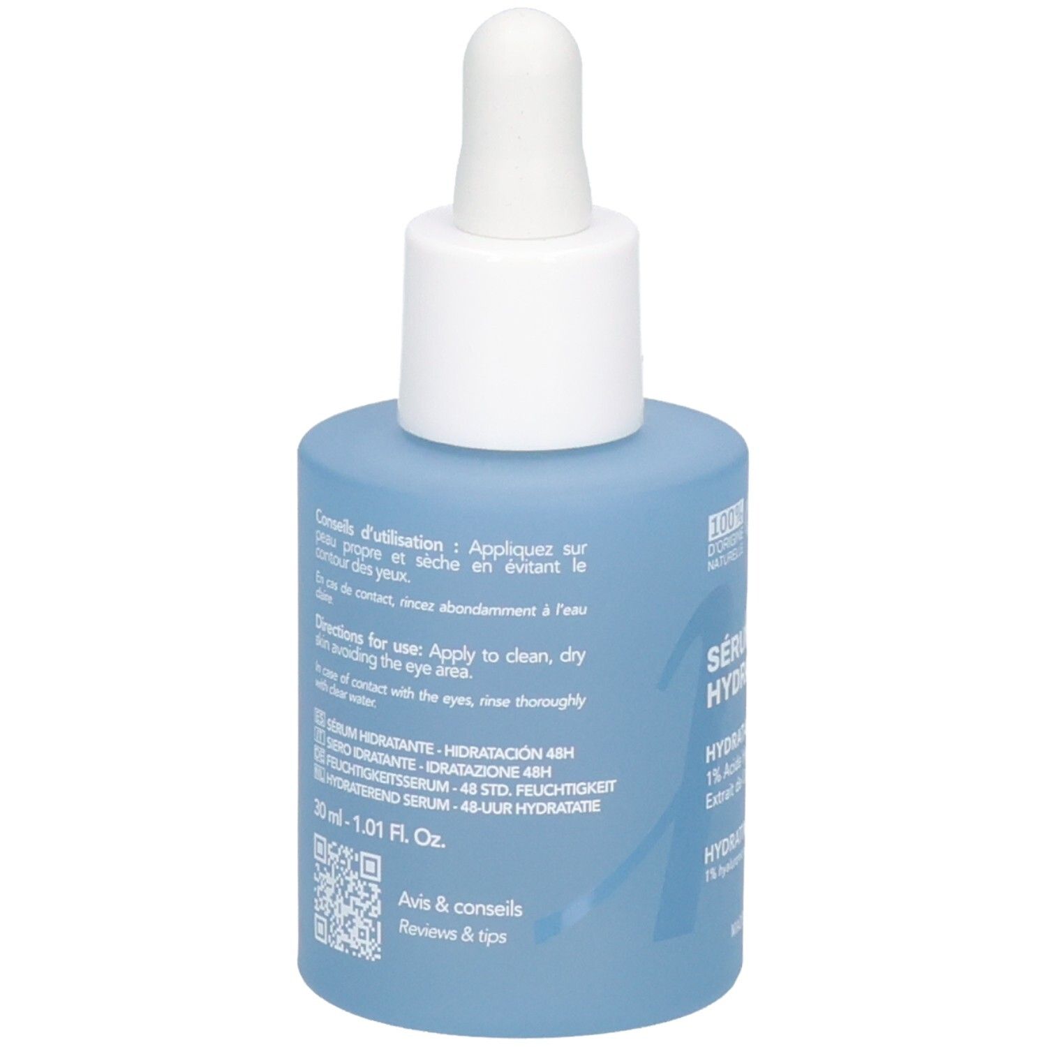 Retro del flacone Endro Sérum Hydratant con istruzioni per l'uso e elenco degli ingredienti.