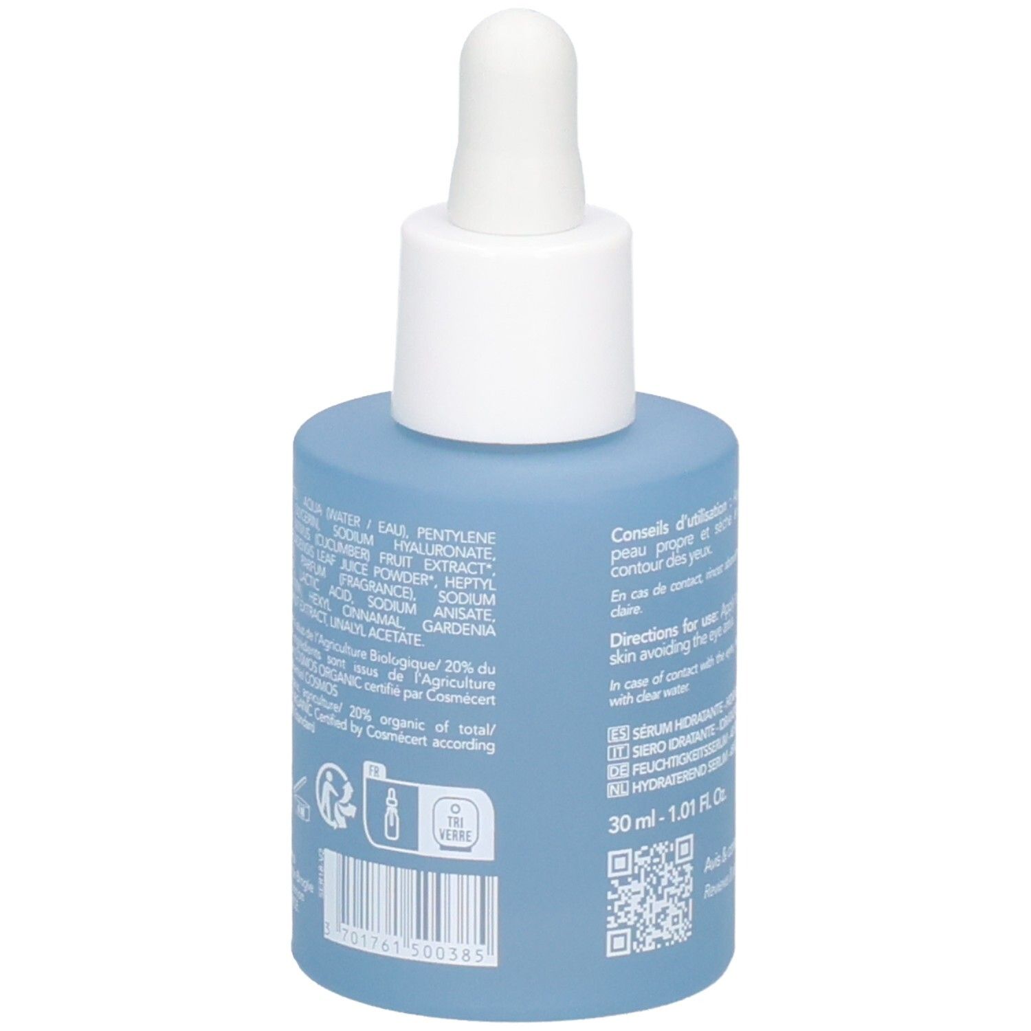 Vista laterale del flacone Endro Sérum Hydratant con elenco dettagliato degli ingredienti e certificazione biologica.