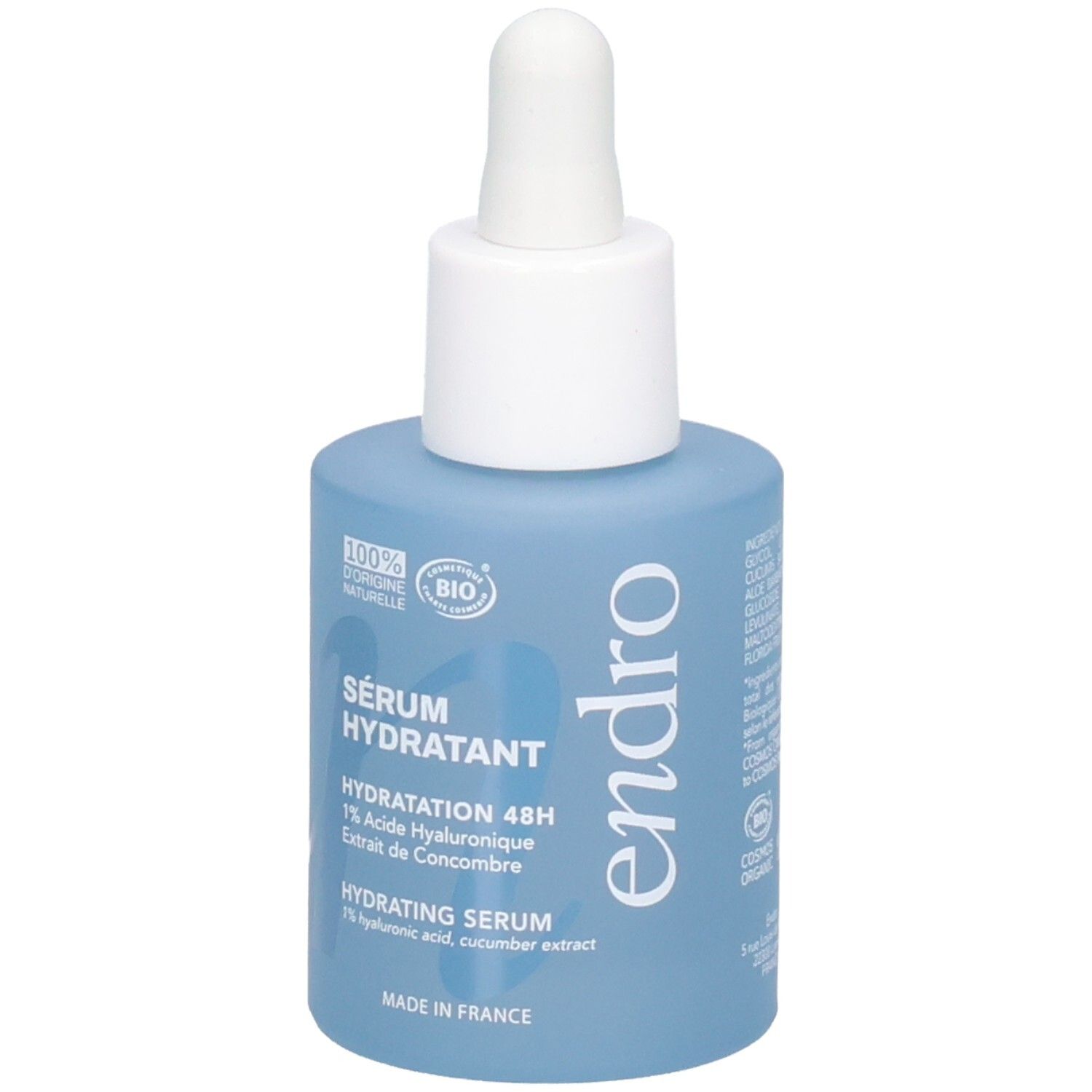 Endro Sérum Hydratant: Flacone blu in vetro con contagocce. Contiene 1% di acido ialuronico ed estratto di cetriolo.