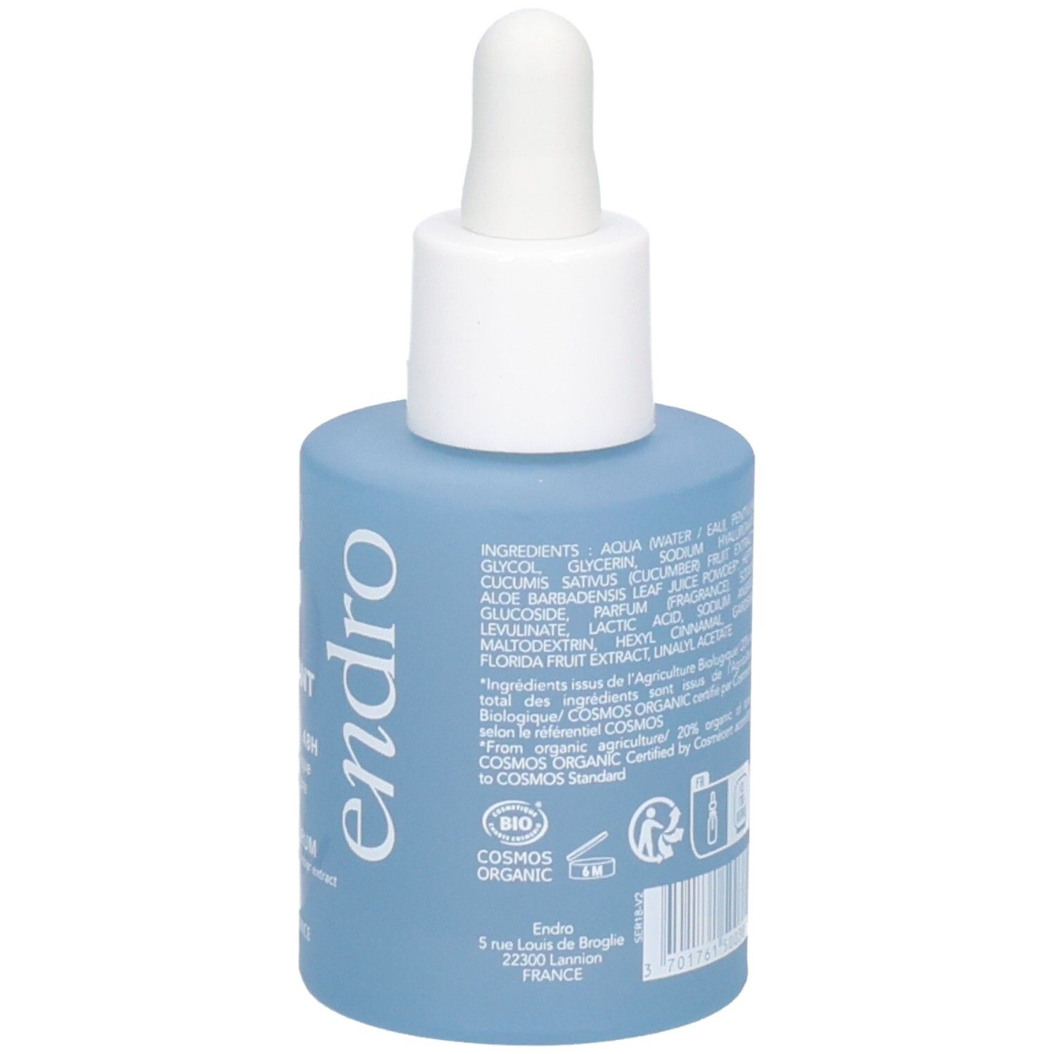 Retro del flacone Endro Sérum Hydratant con elenco completo degli ingredienti e sigillo Cosmos Organic.