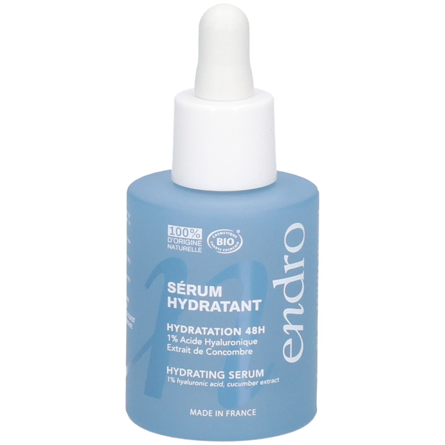 Endro Sérum Hydratant: Flacone blu in vetro con contagocce. Contiene 1% di acido ialuronico ed estratto di cetriolo.