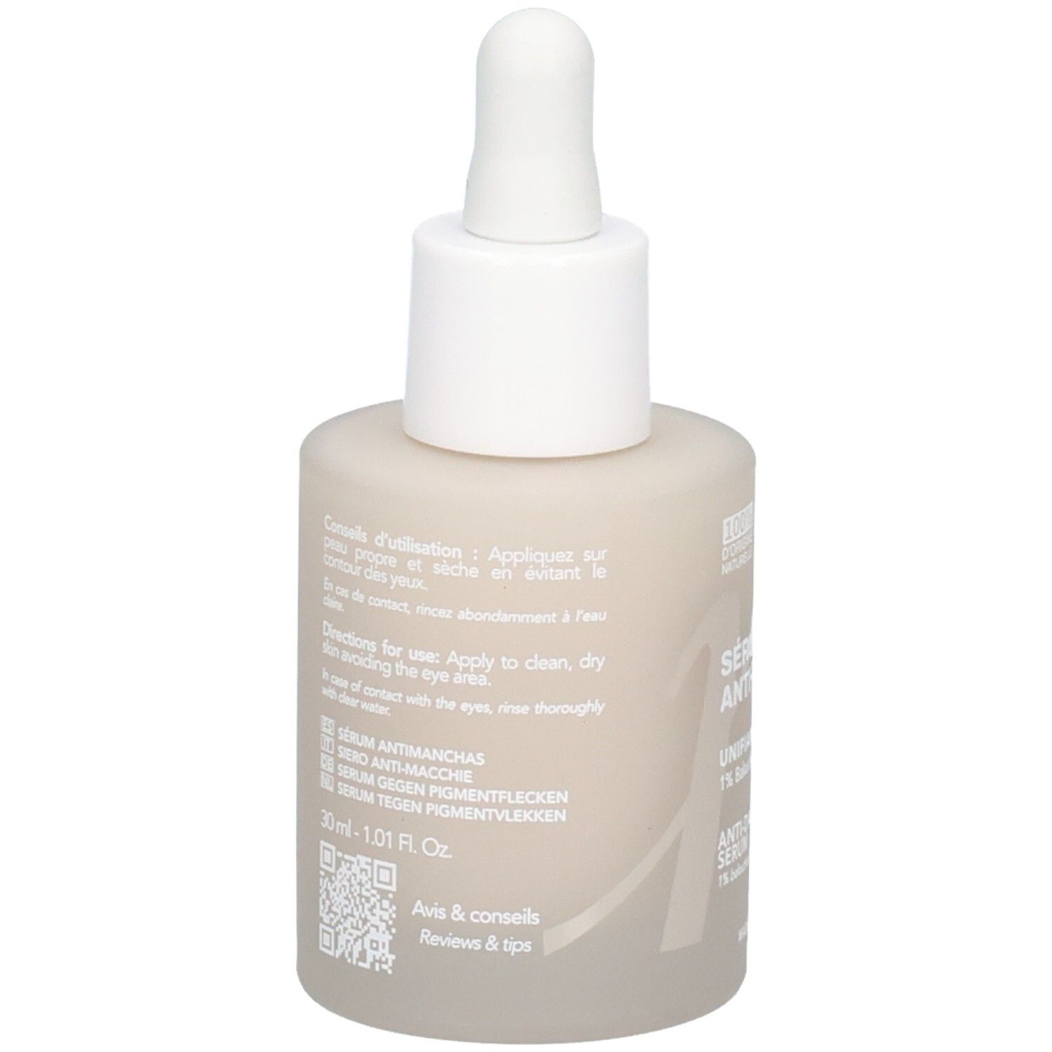 Endro Sérum Anti-Taches: retro con istruzioni per l'uso e codice QR.
