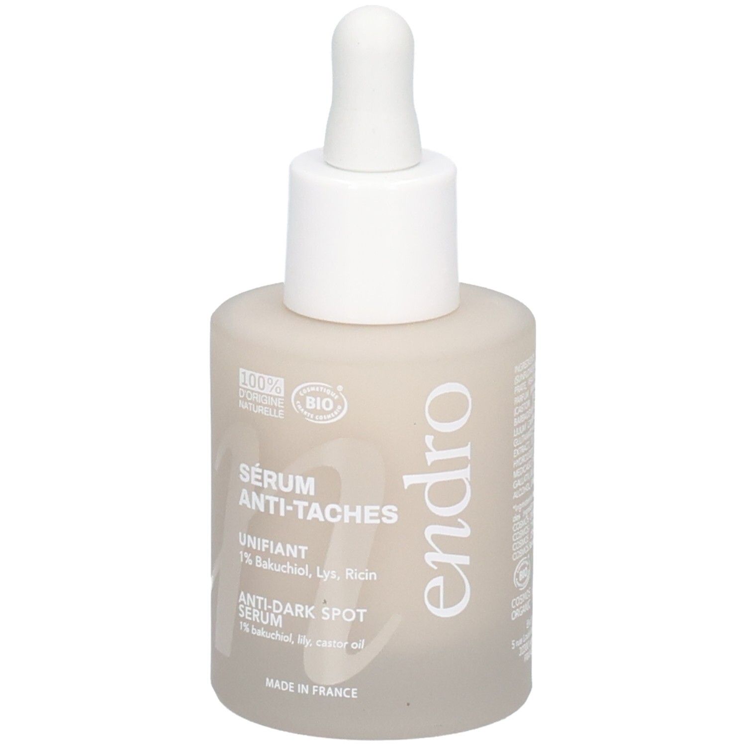 Endro Sérum Anti-Taches: flacone con contagocce. Contiene 1% Bakuchiol.