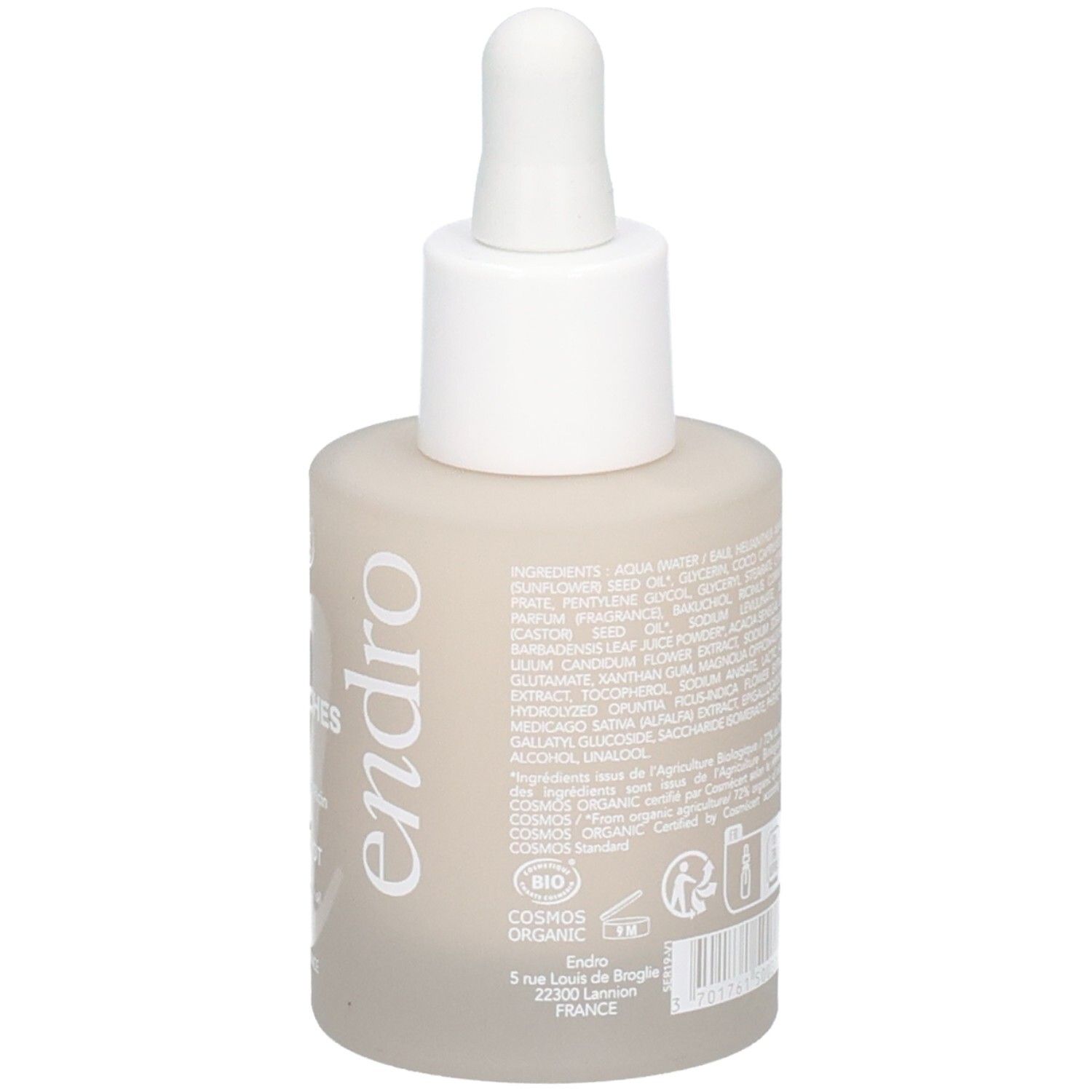 Endro Sérum Anti-Taches: retro con ingredienti, sigilli e indirizzo.