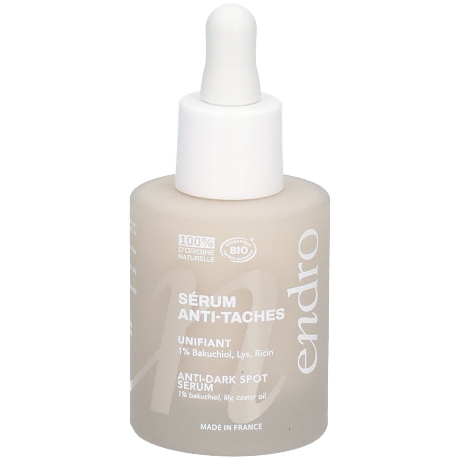 Endro Sérum Anti-Taches: flacone con contagocce. Contiene 1% Bakuchiol.
